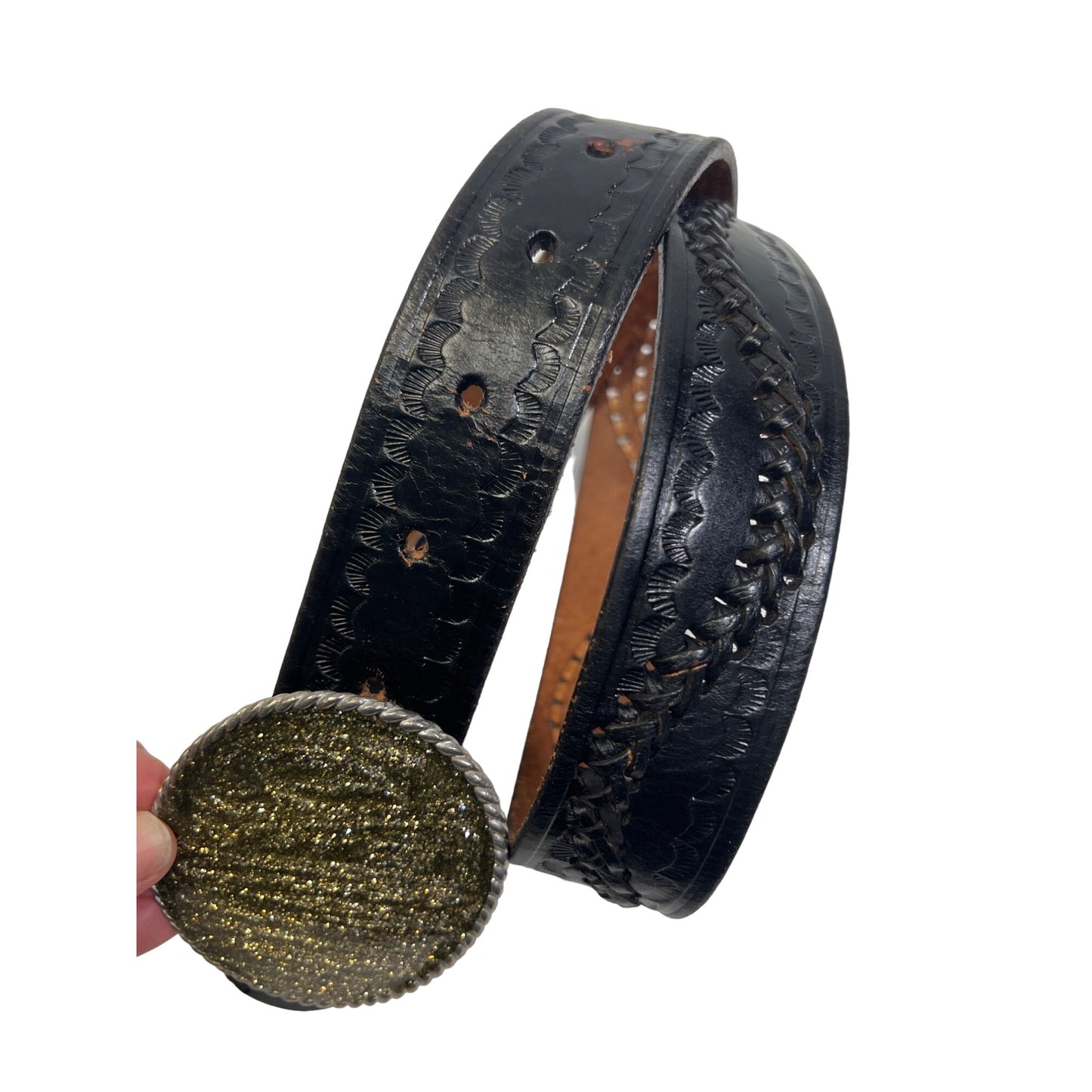 Vintage Gold and Silver Sparkle Buckle with Ornate Black Leather Belt