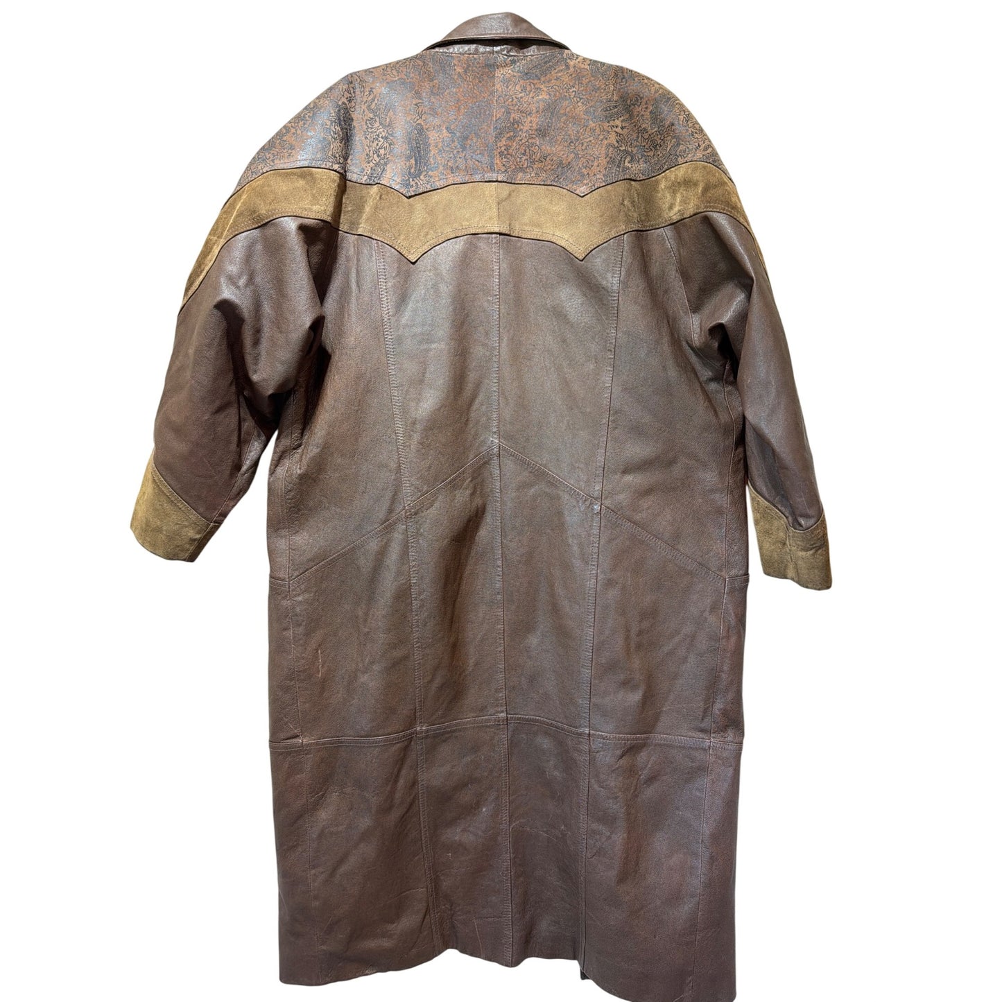 Leather Limited Western Style Long Brown Leather & Suede Coat Medium Size Vintage Look With Paisley Accents