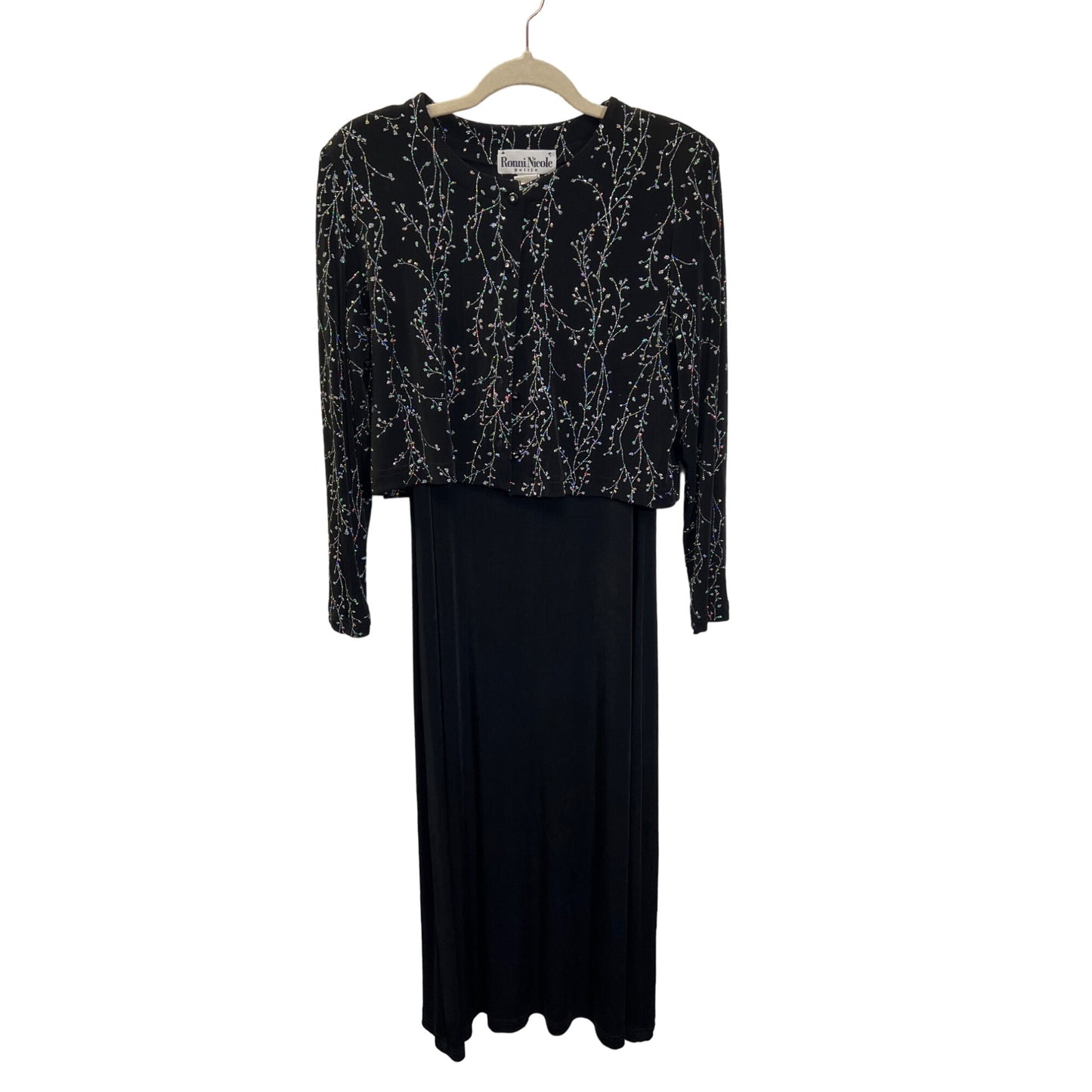 Ronni Nicole Vintage Black and Silver Floral Sparkle Knit Evening Dress Set
