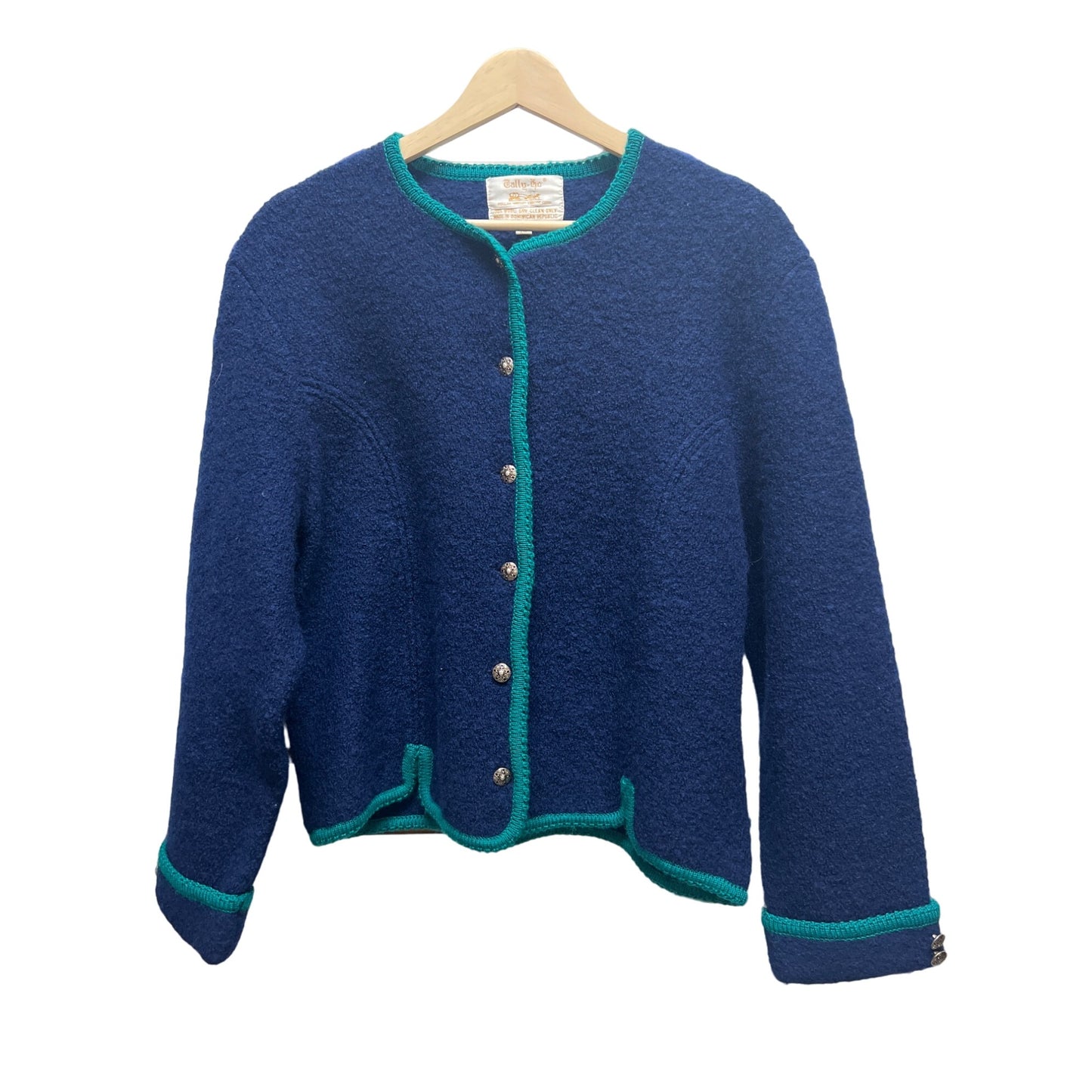 Tally-Ho Vintage 70's Blue with Green Trim Boiled Wool Cardigan Jacket