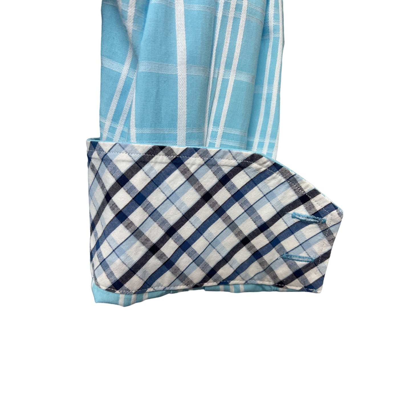 Thomas Dean Blue & White Plaid Long Sleeve Button Down with Contrasting Cuffs