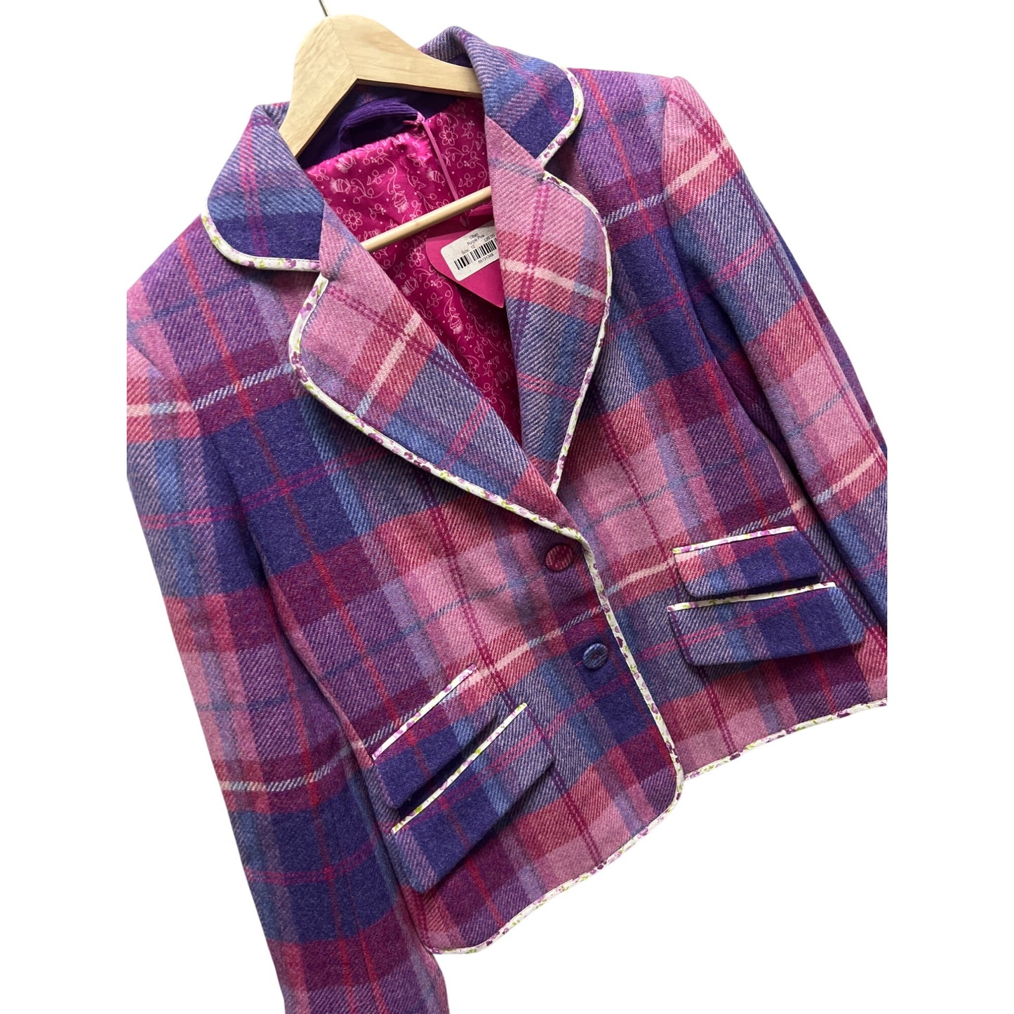 Ness NWT Pink and Purple Wool Plaid Oban Tailored Blazer