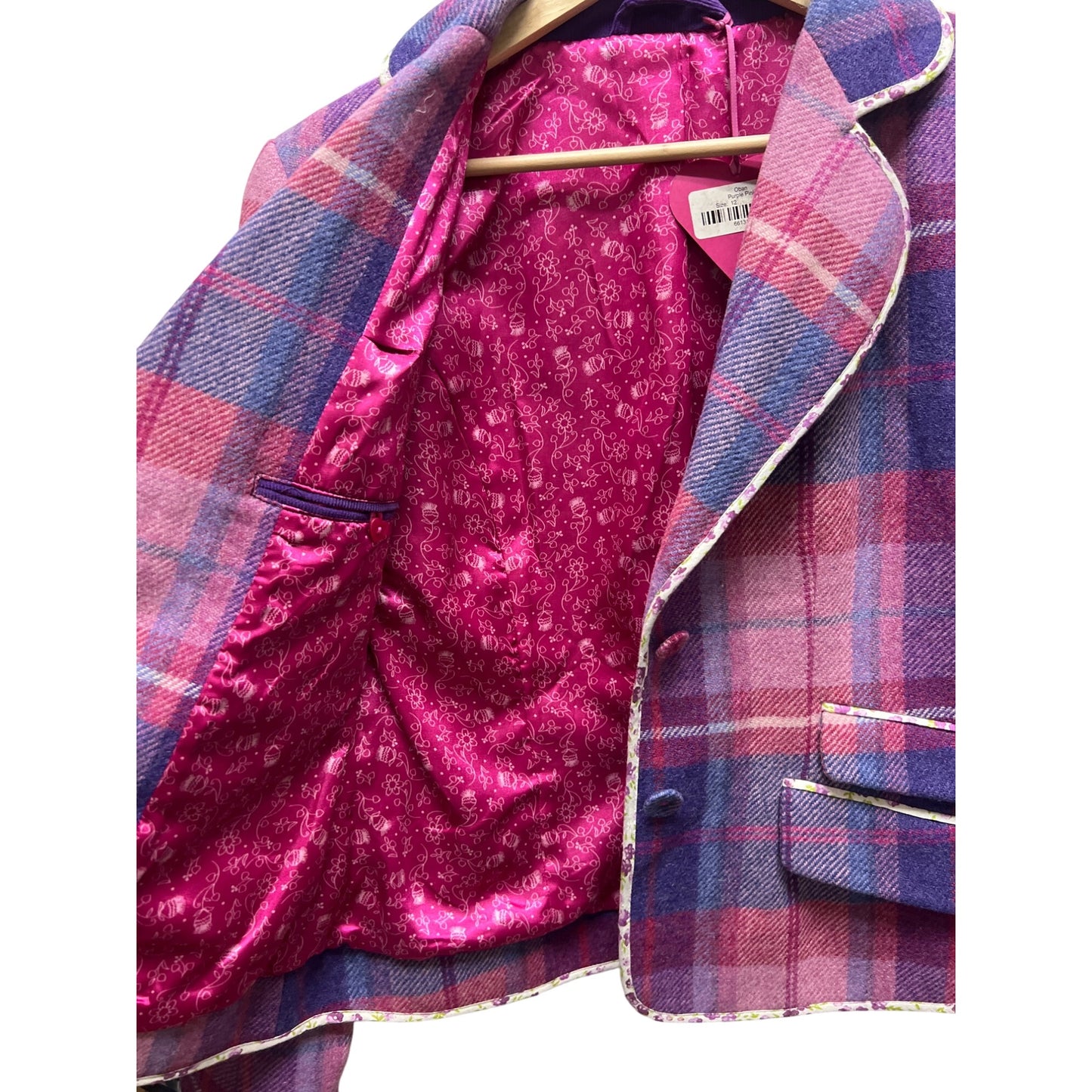Ness NWT Pink and Purple Wool Plaid Oban Tailored Blazer