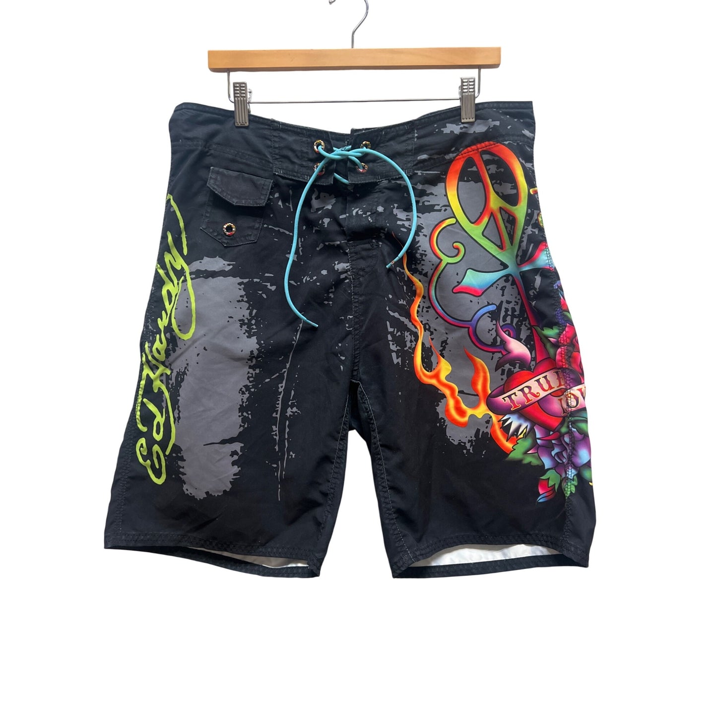 Ed Hardy Christian Audigier Vintage Y2K Black Graphic Swim Trunks Board Shorts