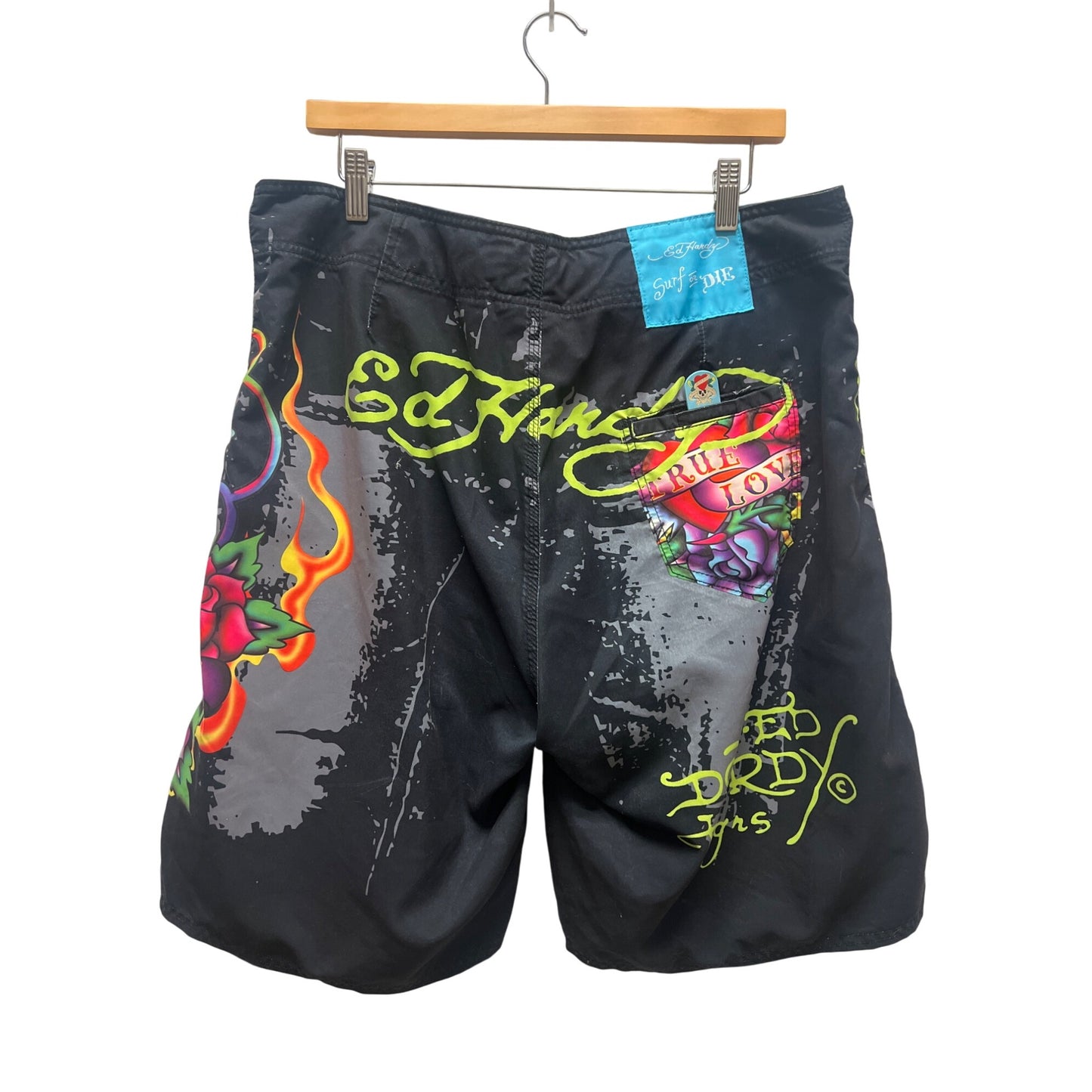 Ed Hardy Christian Audigier Vintage Y2K Black Graphic Swim Trunks Board Shorts