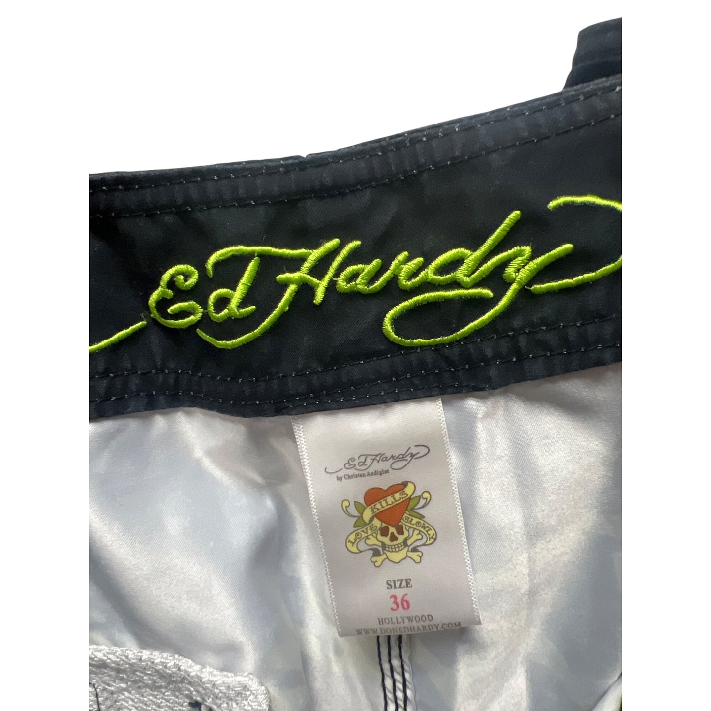 Ed Hardy Christian Audigier Vintage Y2K Black Graphic Swim Trunks Board Shorts