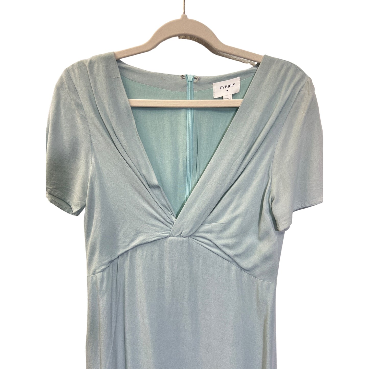 Everly Light Blue Green Linen Twist Front Short Sleeve A-line dress
