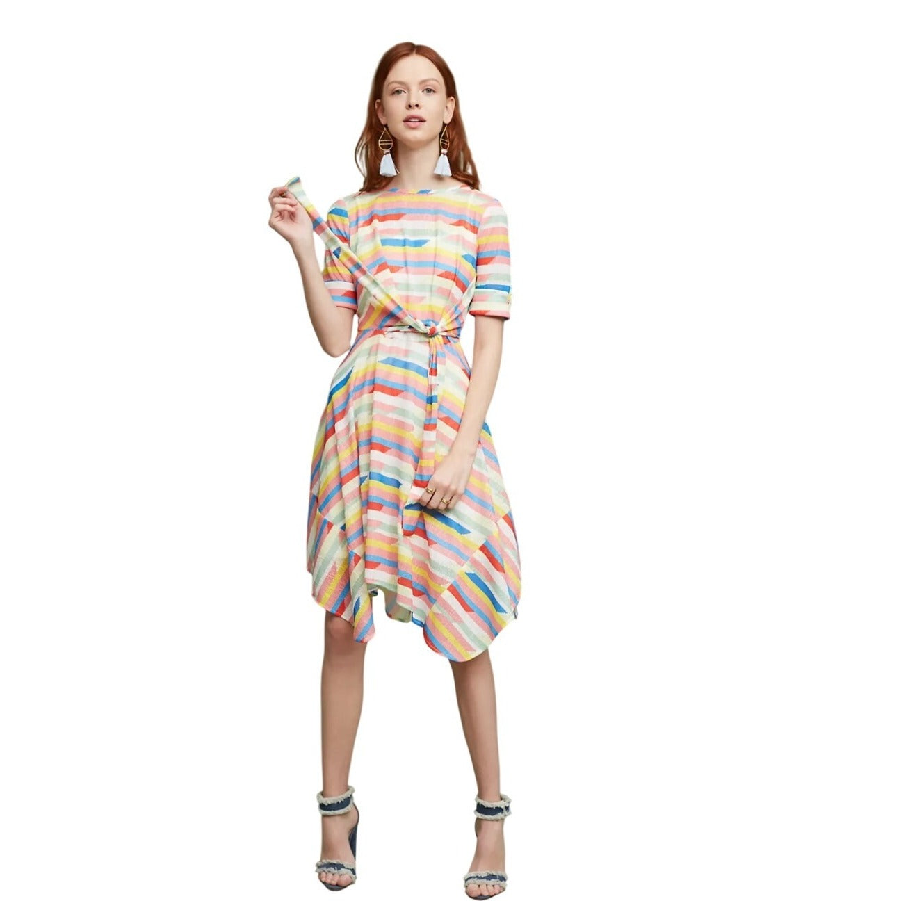 Eva France Anthropologie Carrie Tie Waist Asymetrical Spriped Dress