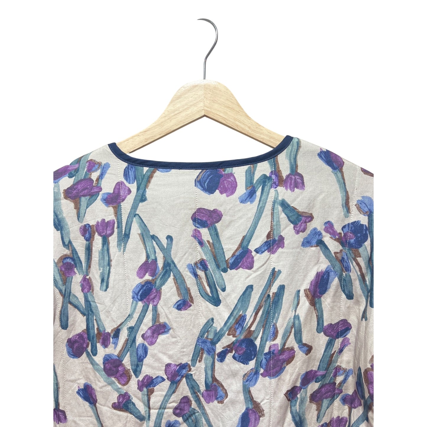 Entro Floral Kimono Jacket With Pockets Lightweight Size Small Viscose & Linen Blend Purple & Blue Accents