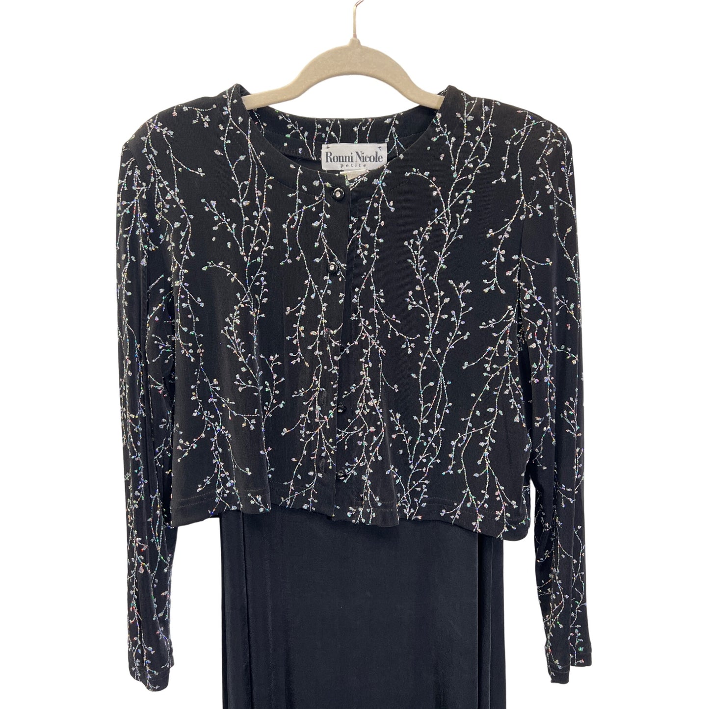 Ronni Nicole Vintage Black and Silver Floral Sparkle Knit Evening Dress Set