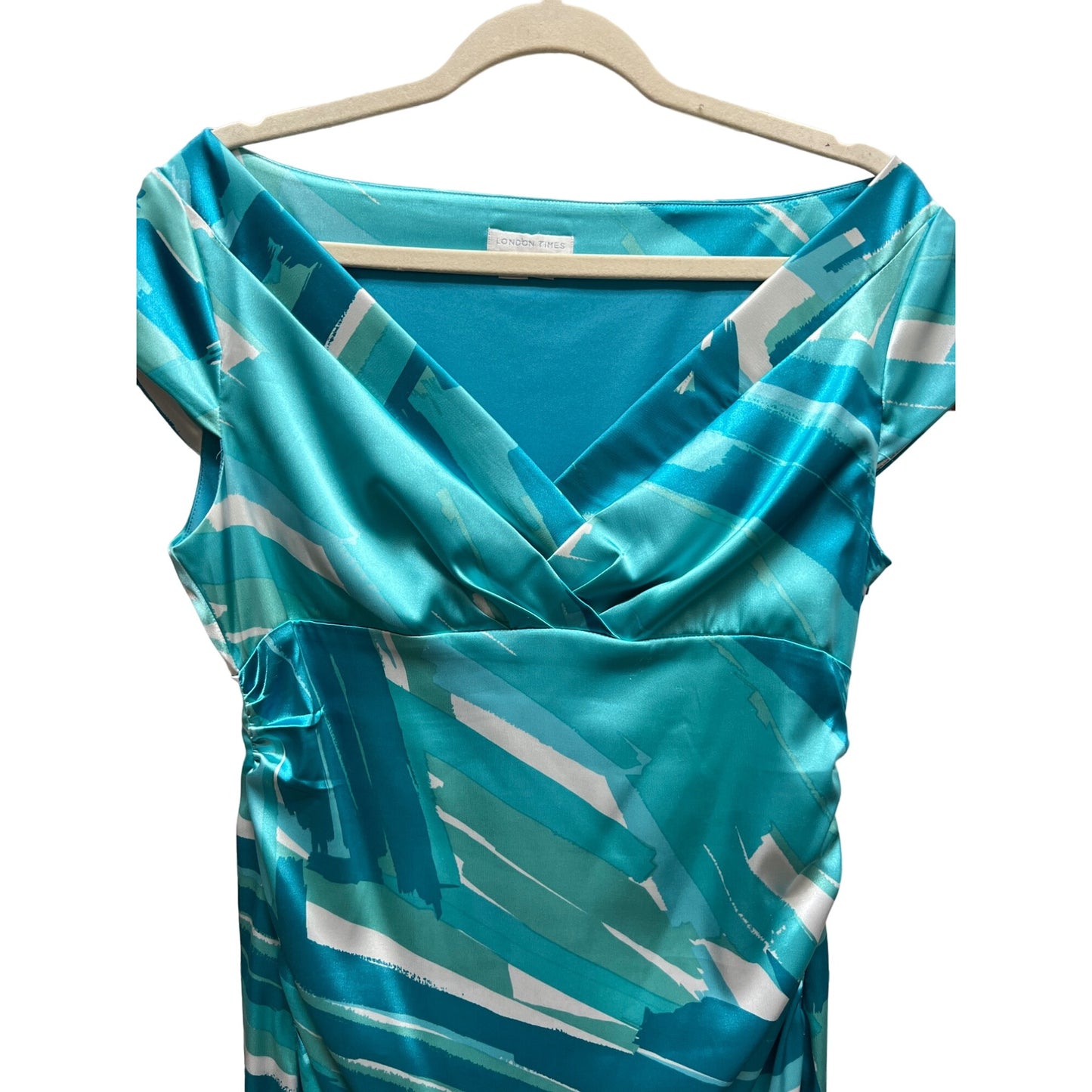 London Times Teal Satin Abstract Print Ruched Sheath Dress