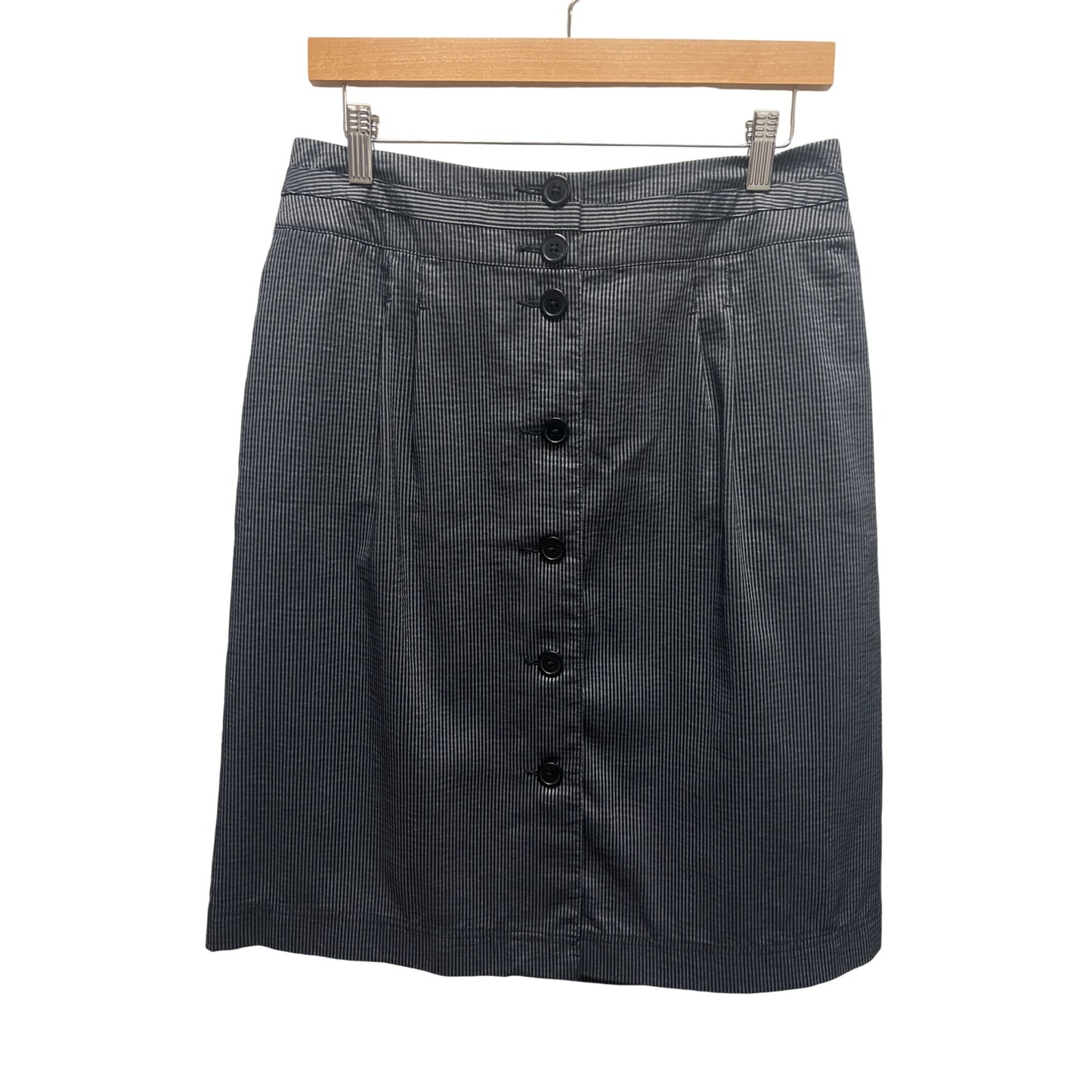 Talbots Navy Blue and Gray Striped Seersucker Button Front Pencil Skirt