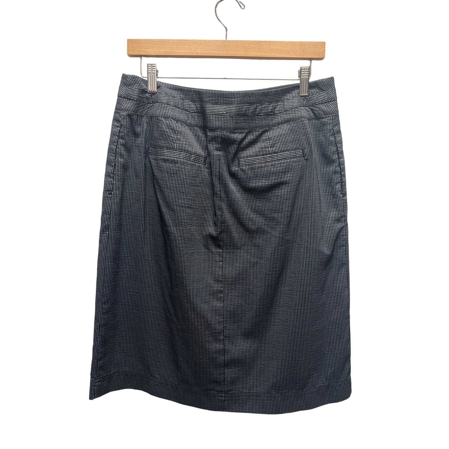 Talbots Navy Blue and Gray Striped Seersucker Button Front Pencil Skirt