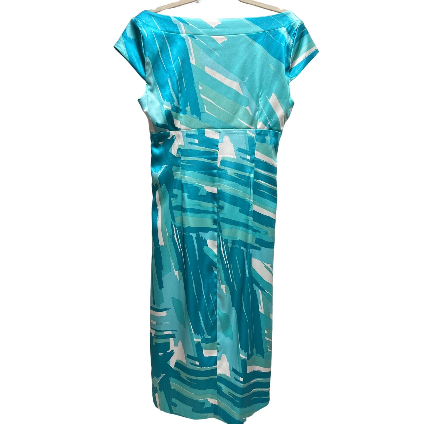 London Times Teal Satin Abstract Print Ruched Sheath Dress
