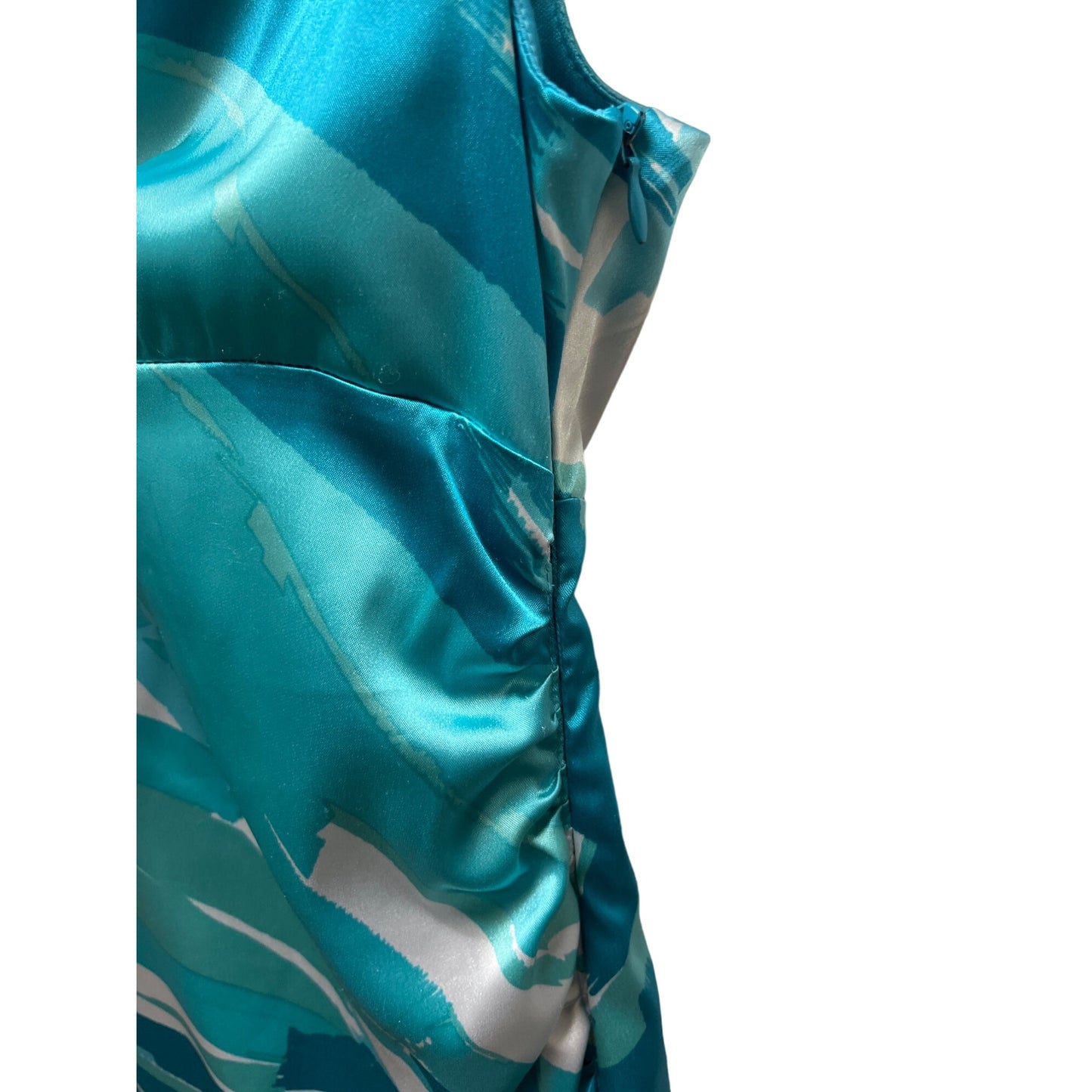 London Times Teal Satin Abstract Print Ruched Sheath Dress