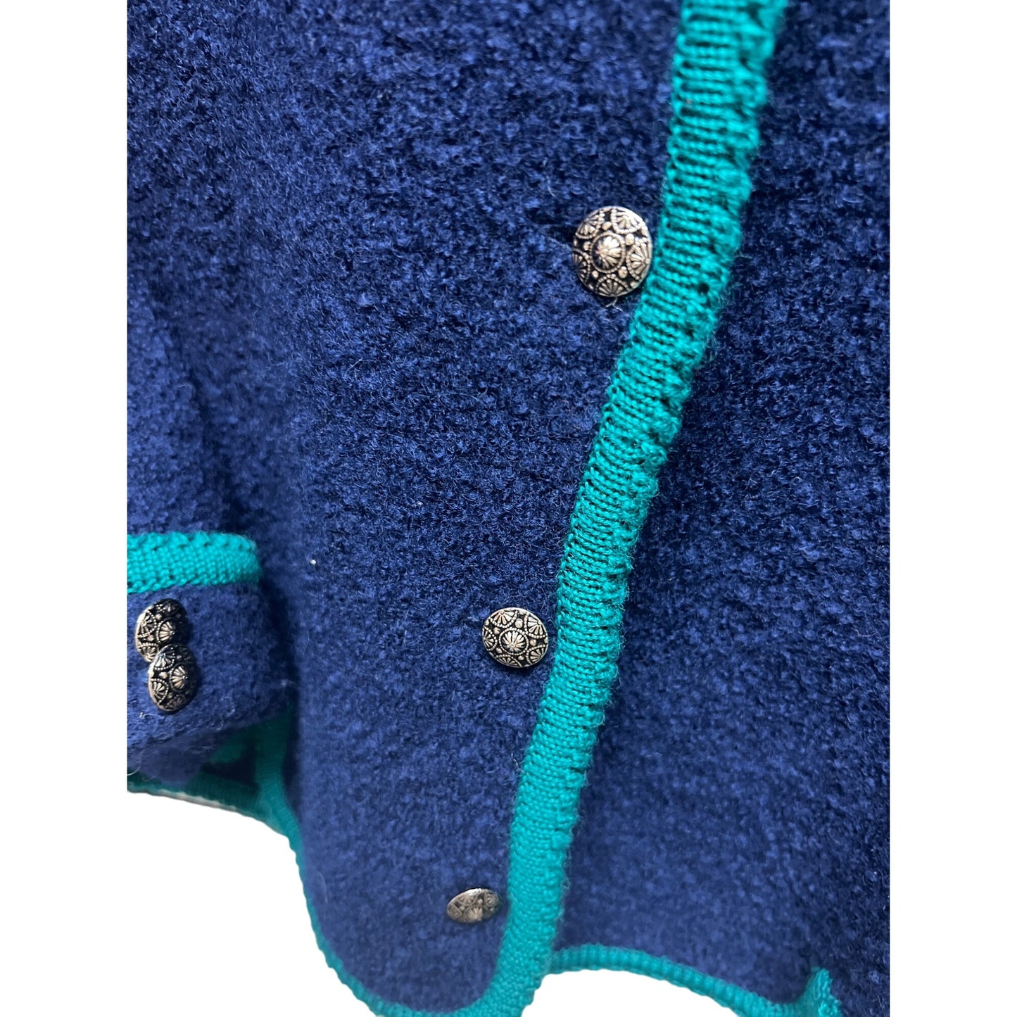 Tally-Ho Vintage 70's Blue with Green Trim Boiled Wool Cardigan Jacket