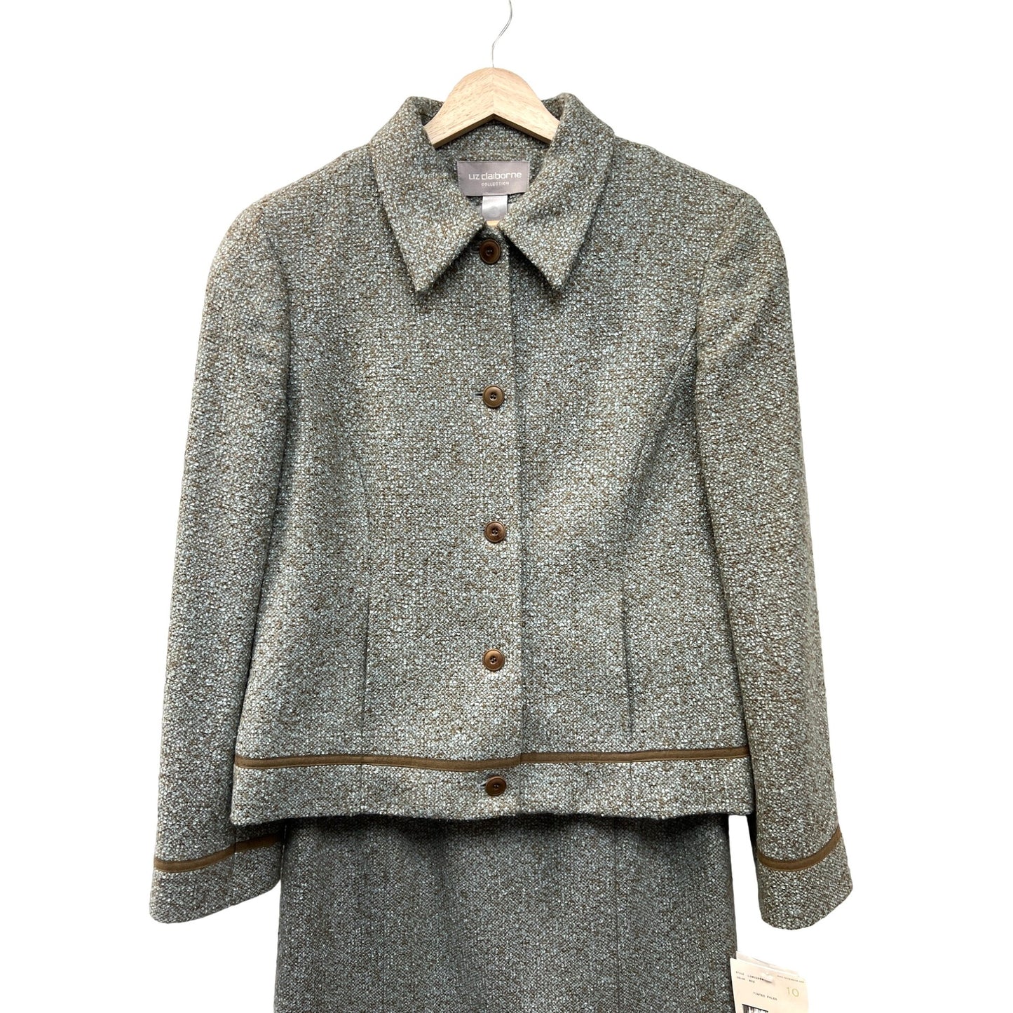 Liz Claiborne Collection NWT Light Green and Light Brown Wool Tweed Skirt Suit Set