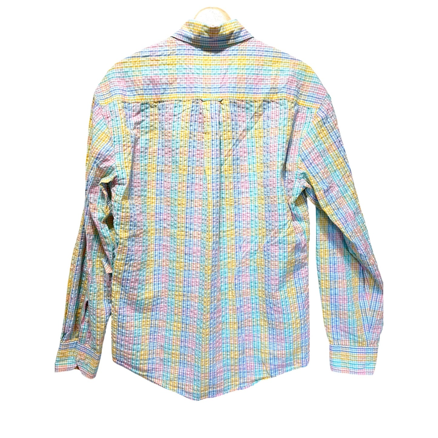 Cotton Brothers Rainbow Sunset Pastel Plaid Seersucker Oxford Buttondown Shirt M 100% Cotton