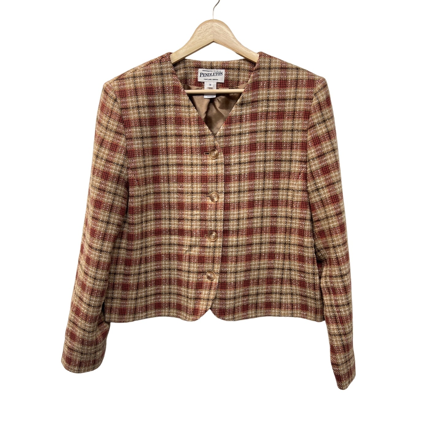 Pendleton Vintage Tan and Red Plaid Wool Cropped Blazer