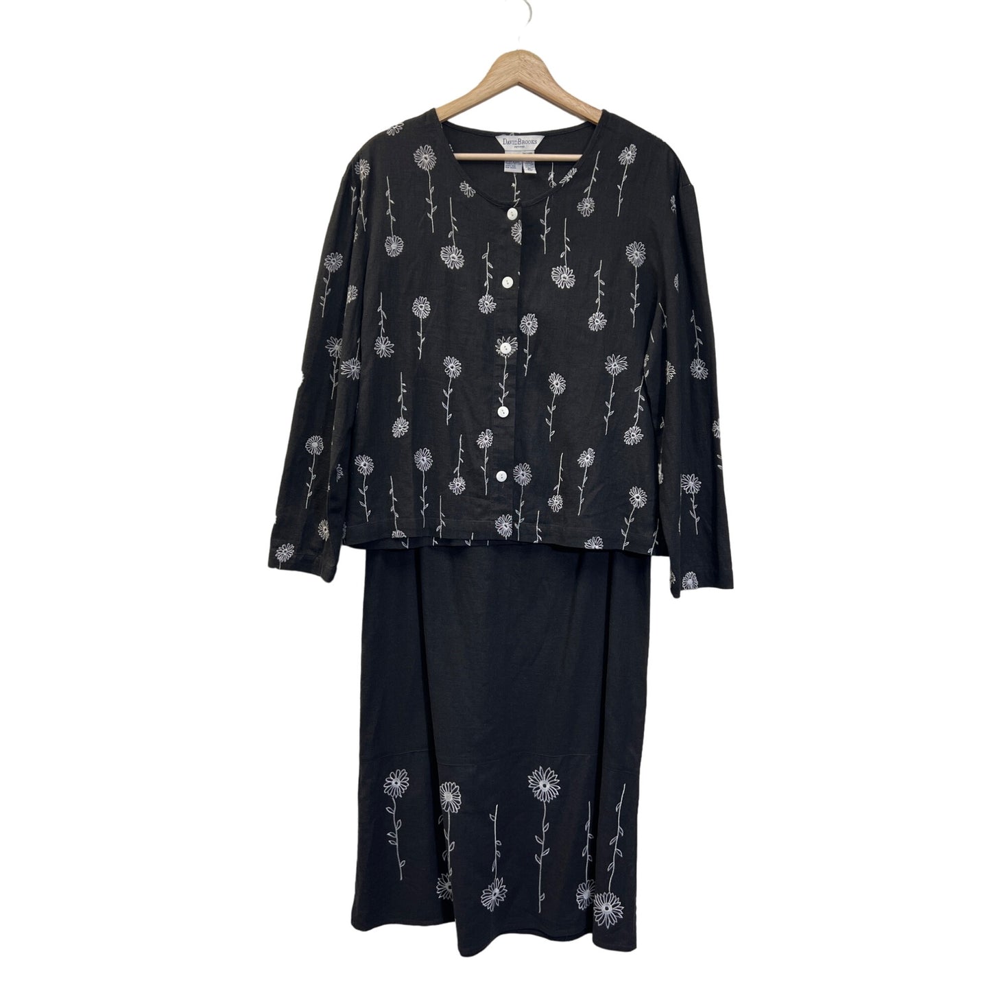 David Brooks Petites Vintage Black Linen Floral Embroidered Skirt Set Dress