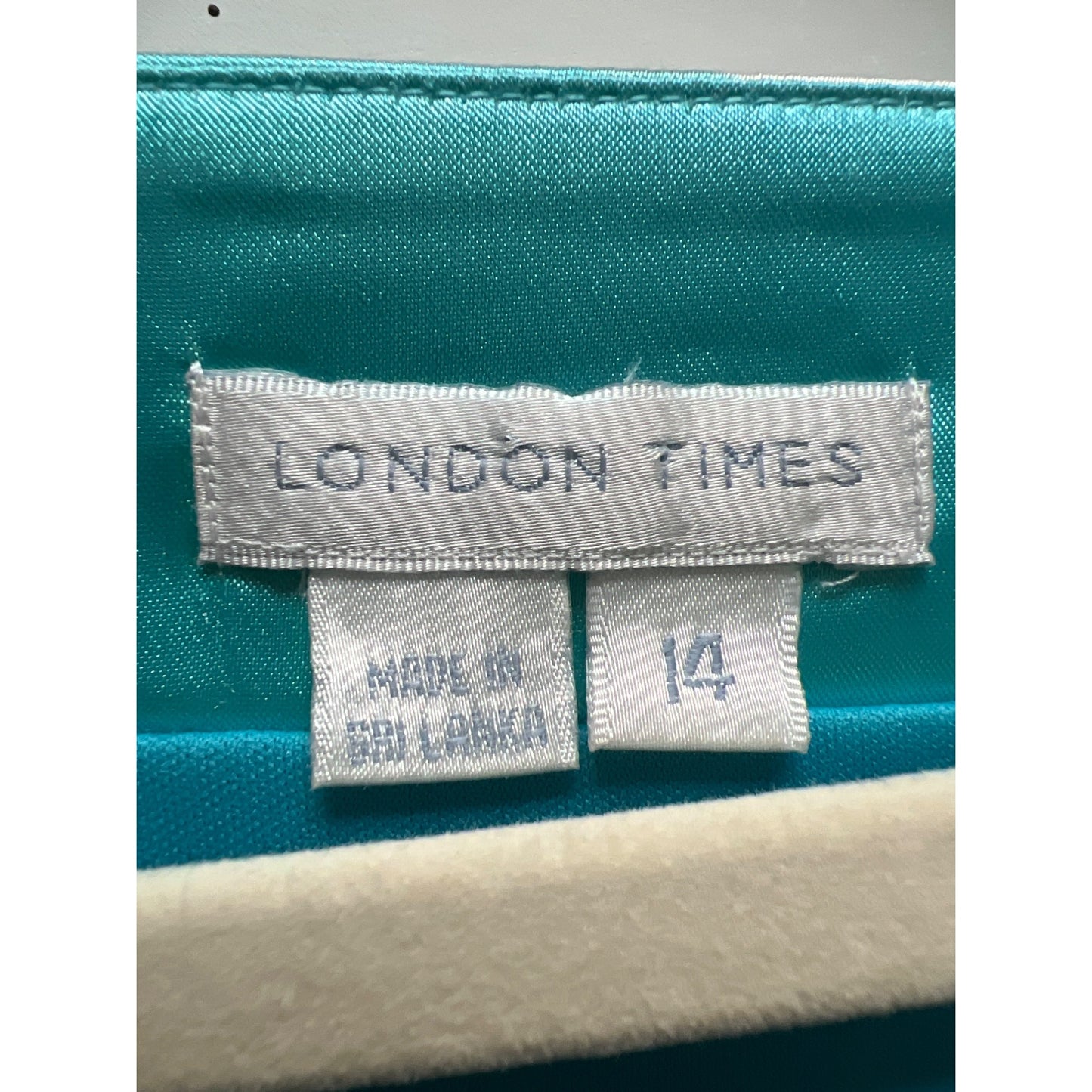 London Times Teal Satin Abstract Print Ruched Sheath Dress