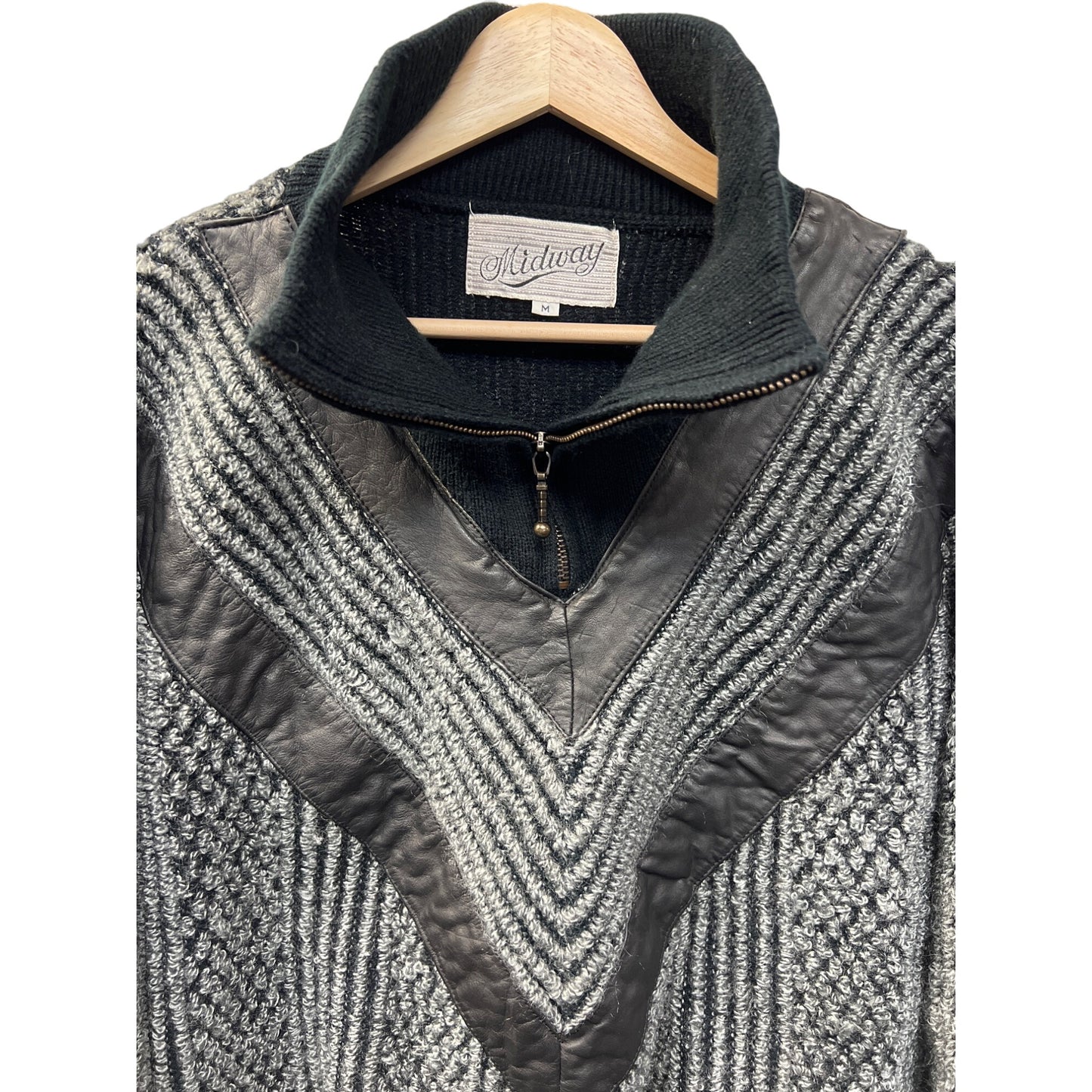 Midway Vintage 80's Quarter Zip Textured Sweater with Leather Trim