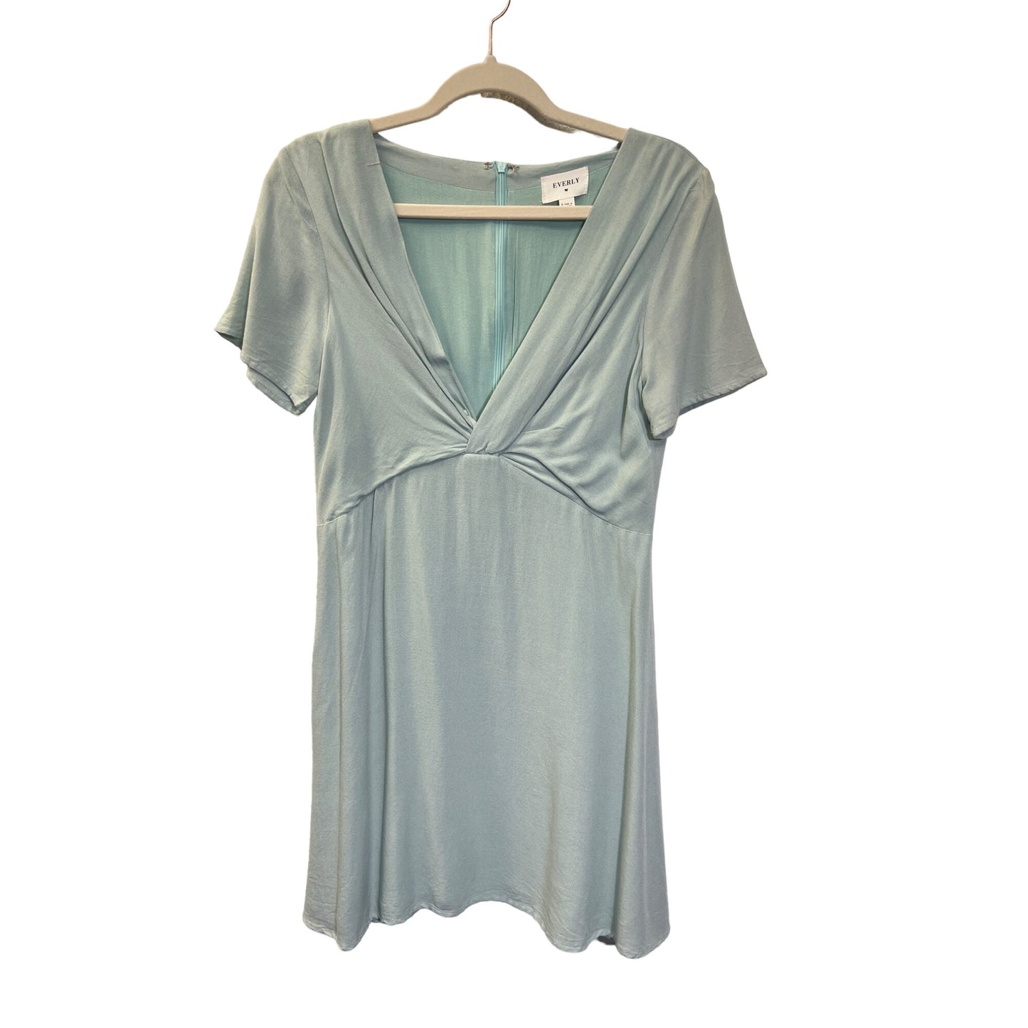 Everly Light Blue Green Linen Twist Front Short Sleeve A-line dress
