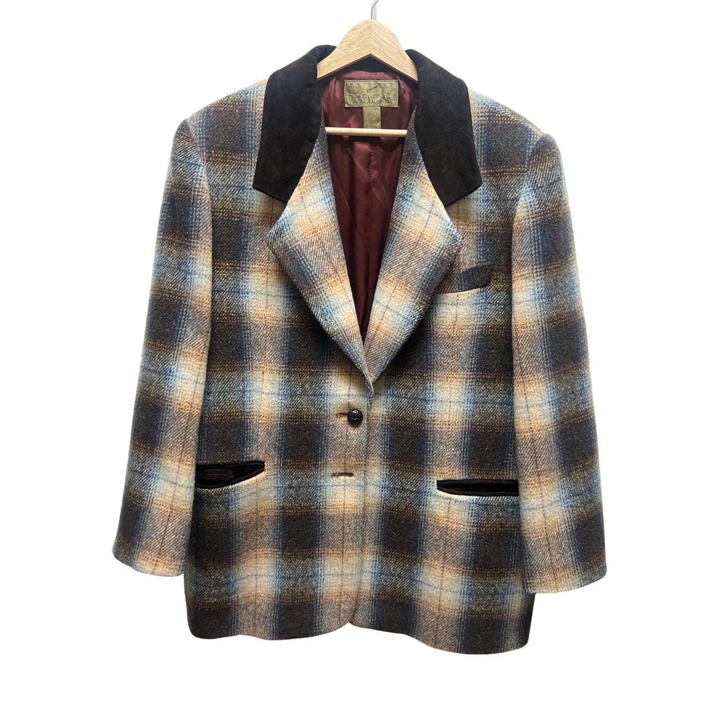 JL Colebrook Vintage 90's Brown Wool Plaid Blazer with Velvet Trim