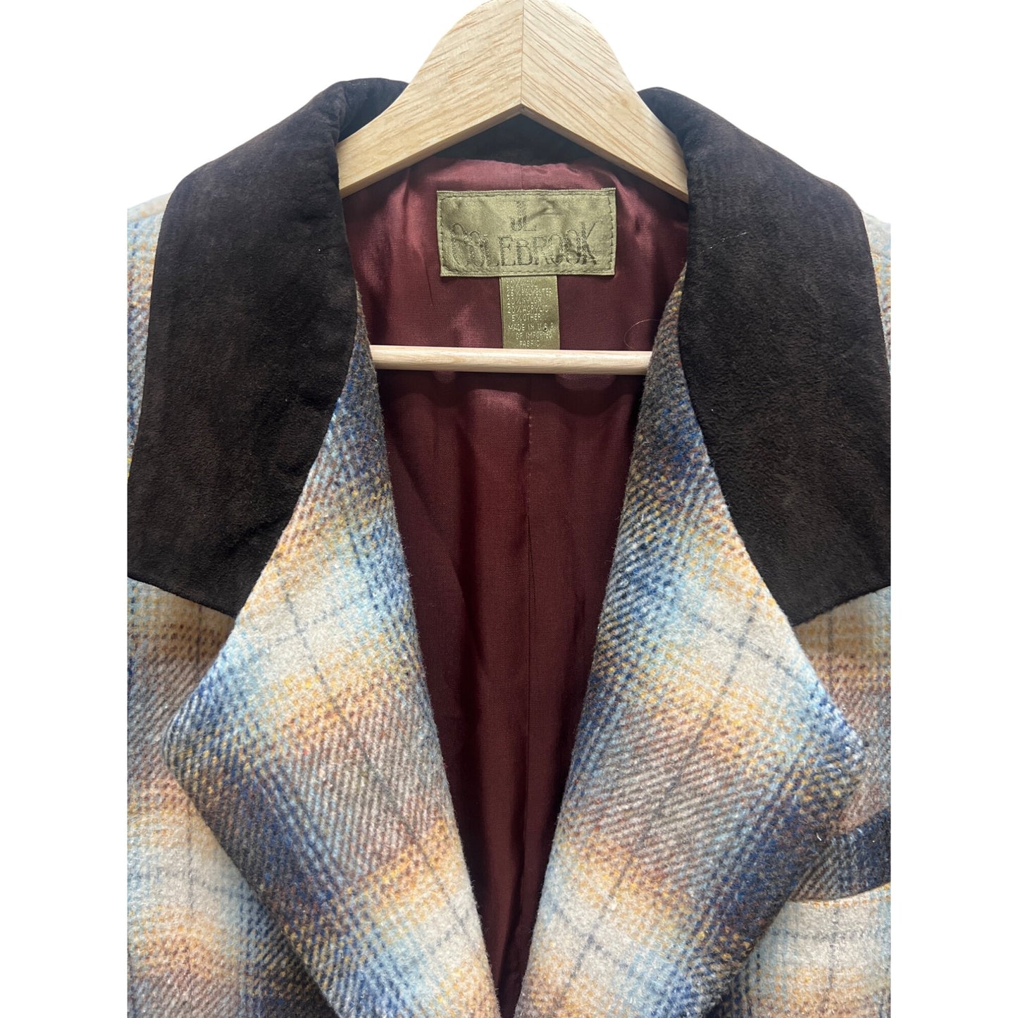 JL Colebrook Vintage 90's Brown Wool Plaid Blazer with Velvet Trim