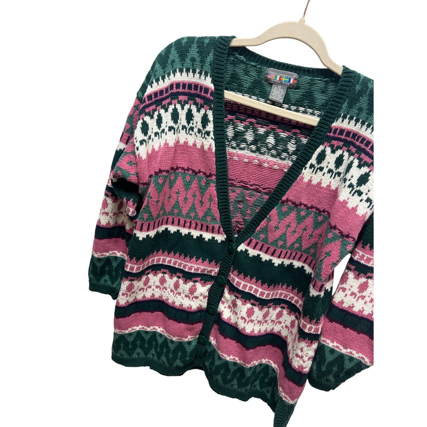 Paris Sport Club Vintage 80's Pink & Green Fair Isle Cardigan