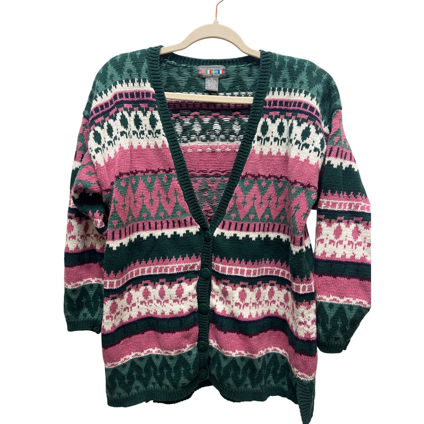 Paris Sport Club Vintage 80's Pink & Green Fair Isle Cardigan