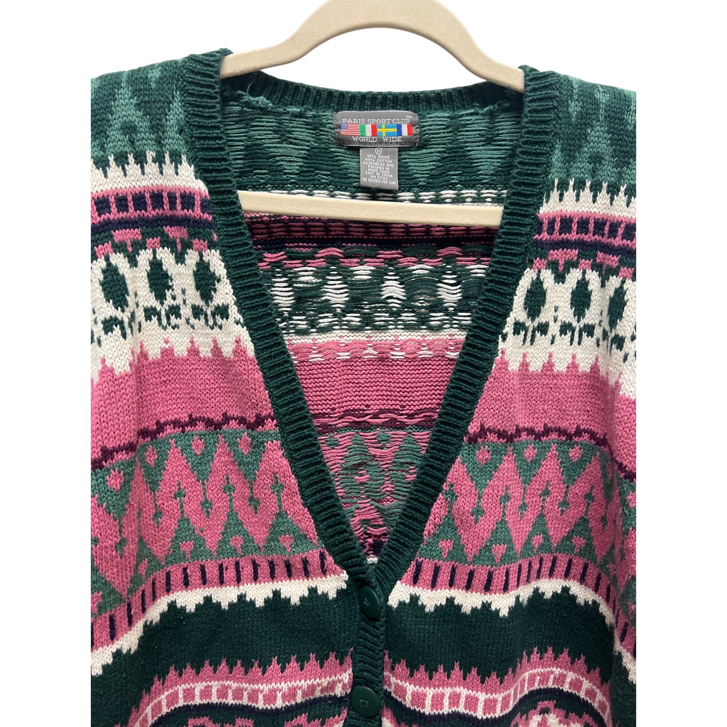 Paris Sport Club Vintage 80's Pink & Green Fair Isle Cardigan
