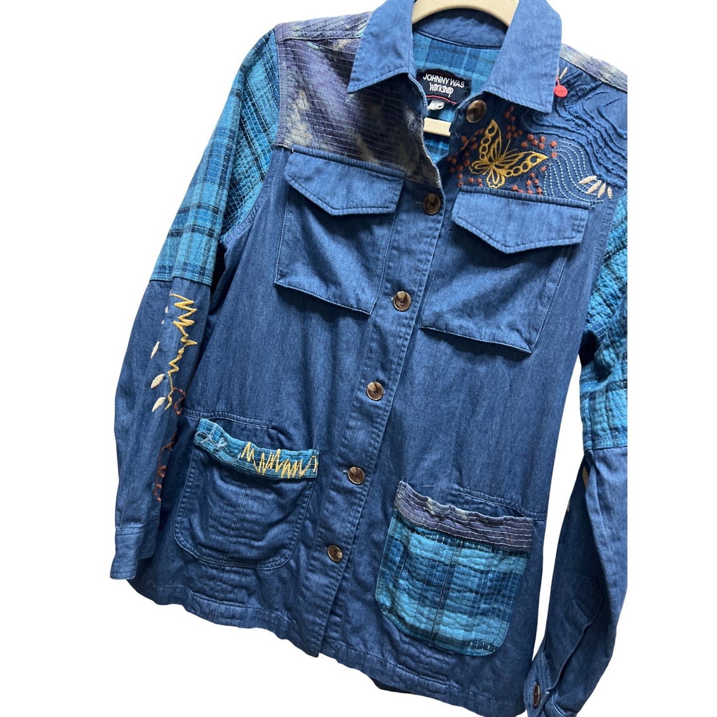 Johnny Was Workshop Moonlight Tie Dye Patchwork Embroidered Shacket