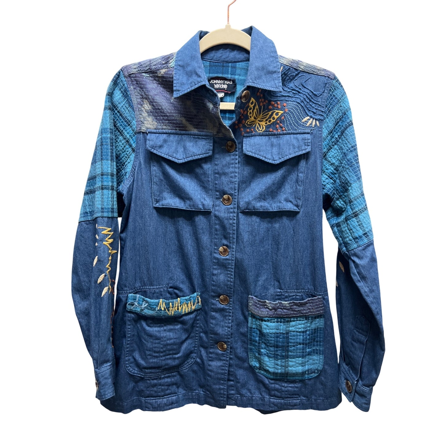 Johnny Was Workshop Moonlight Tie Dye Patchwork Embroidered Shacket