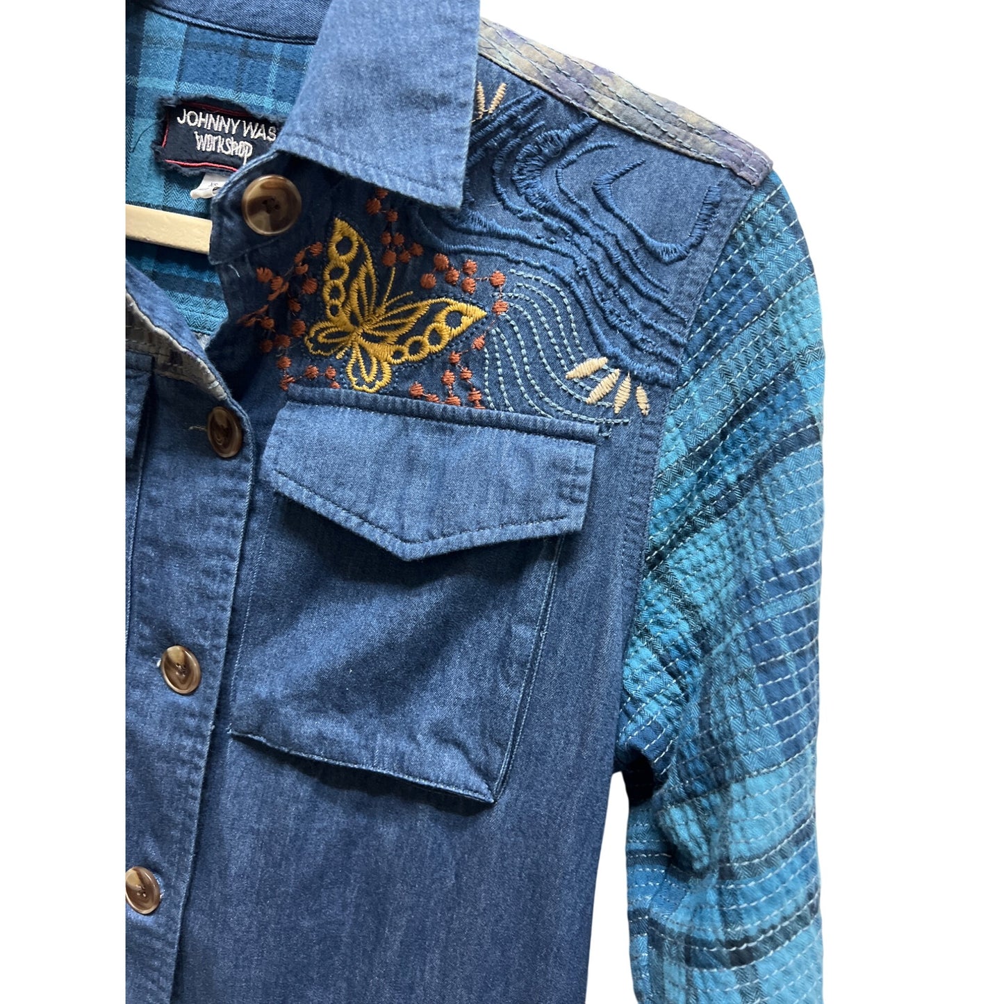 Johnny Was Workshop Moonlight Tie Dye Patchwork Embroidered Shacket