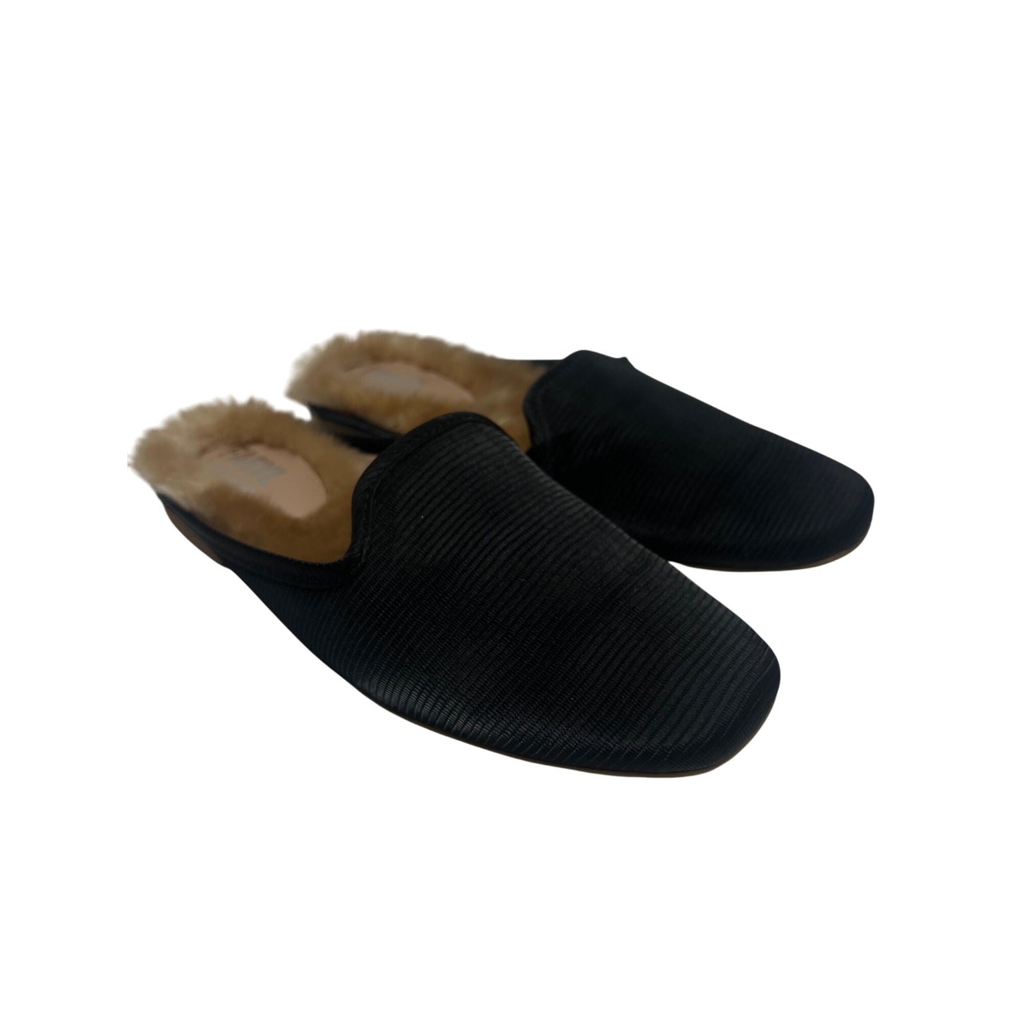 Faryl by Farylrobin NWOT Black Ribbed Satin Fur Lined Slides