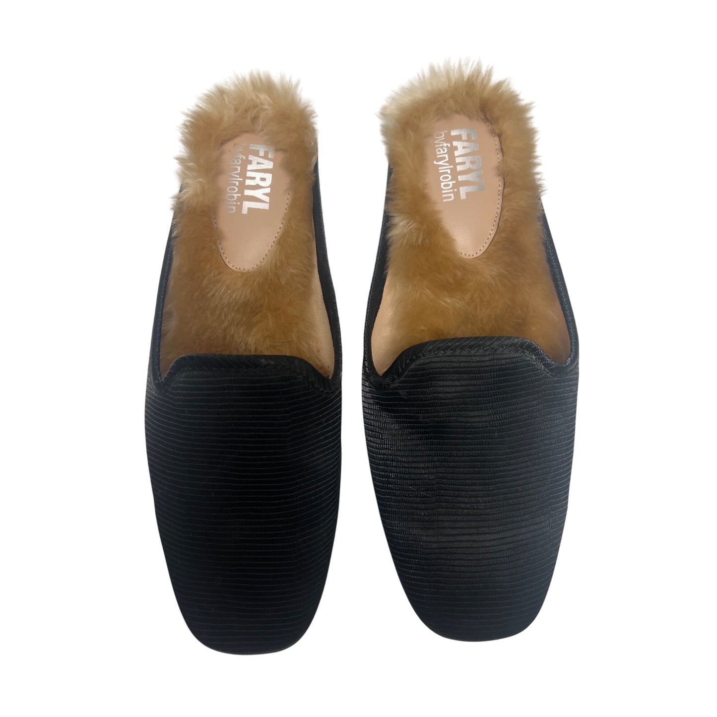 Faryl by Farylrobin NWOT Black Ribbed Satin Fur Lined Slides