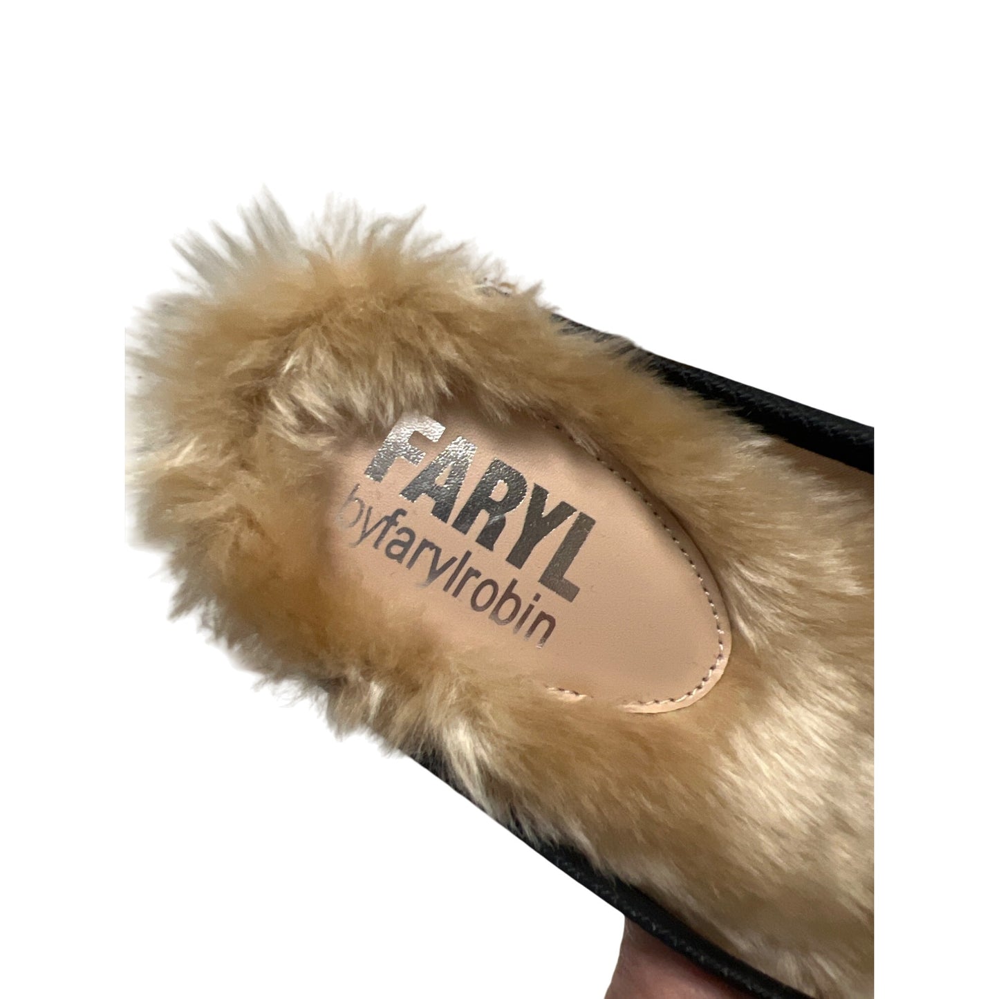 Faryl by Farylrobin NWOT Black Ribbed Satin Fur Lined Slides