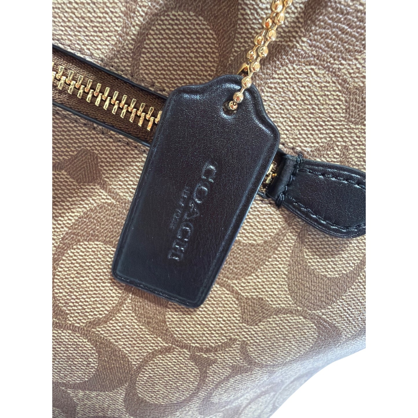 Coach Y2K Gallery Tote Khaki & Black Signature Monogram Canvas Front Pocket Gold Hardware Double Straps Zip Closure