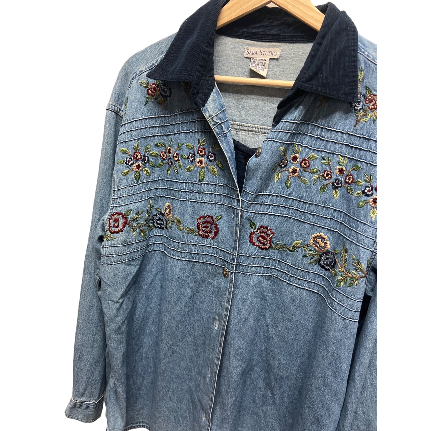 Sara Studio Vintage 90's Chambray Denim Corduroy Trim Vest Embroidered Shirt