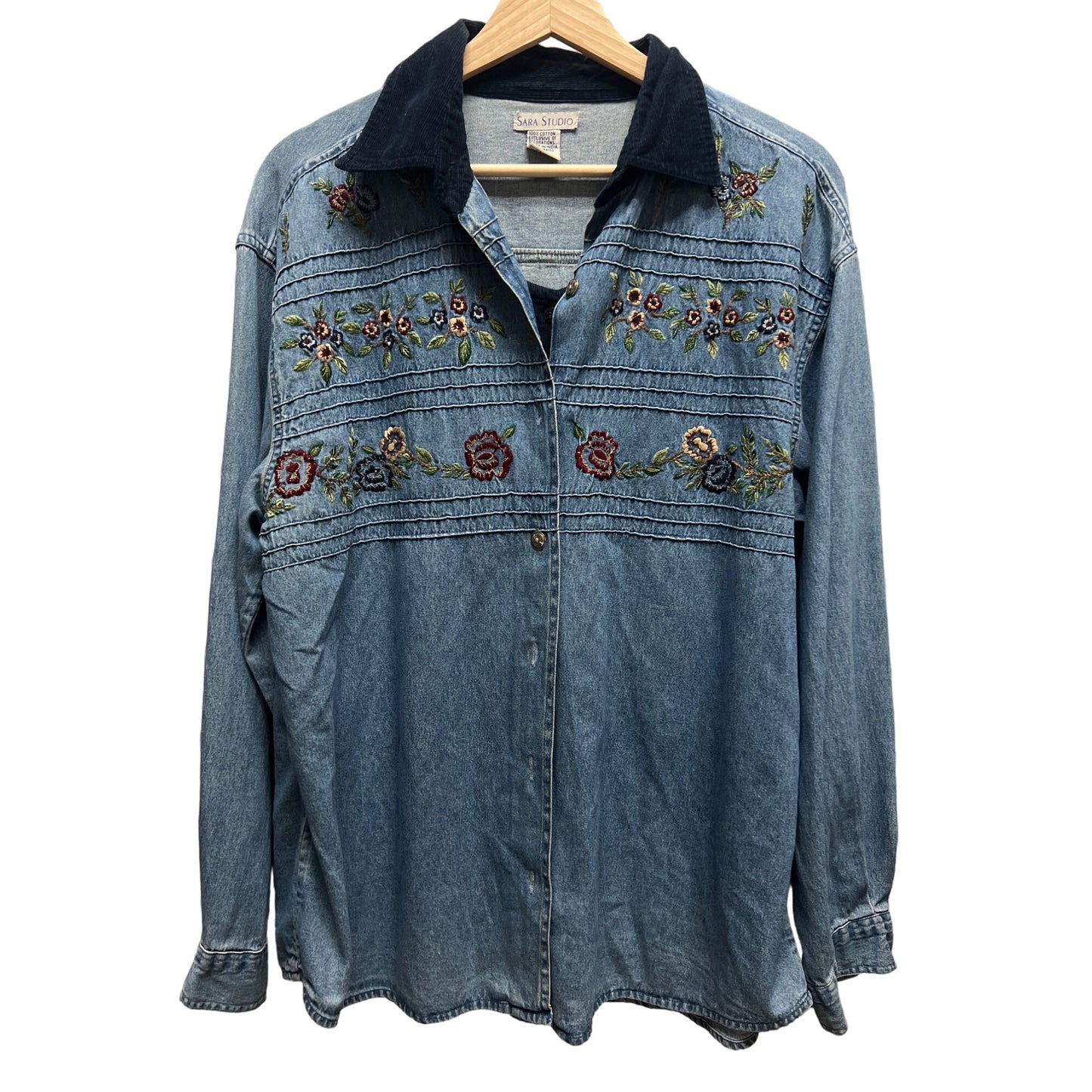 Sara Studio Vintage 90's Chambray Denim Corduroy Trim Vest Embroidered Shirt