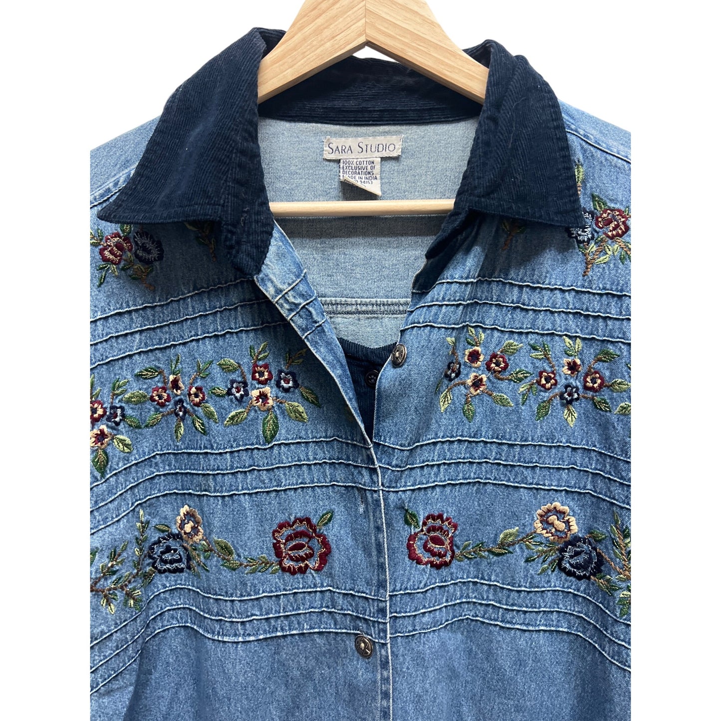 Sara Studio Vintage 90's Chambray Denim Corduroy Trim Vest Embroidered Shirt