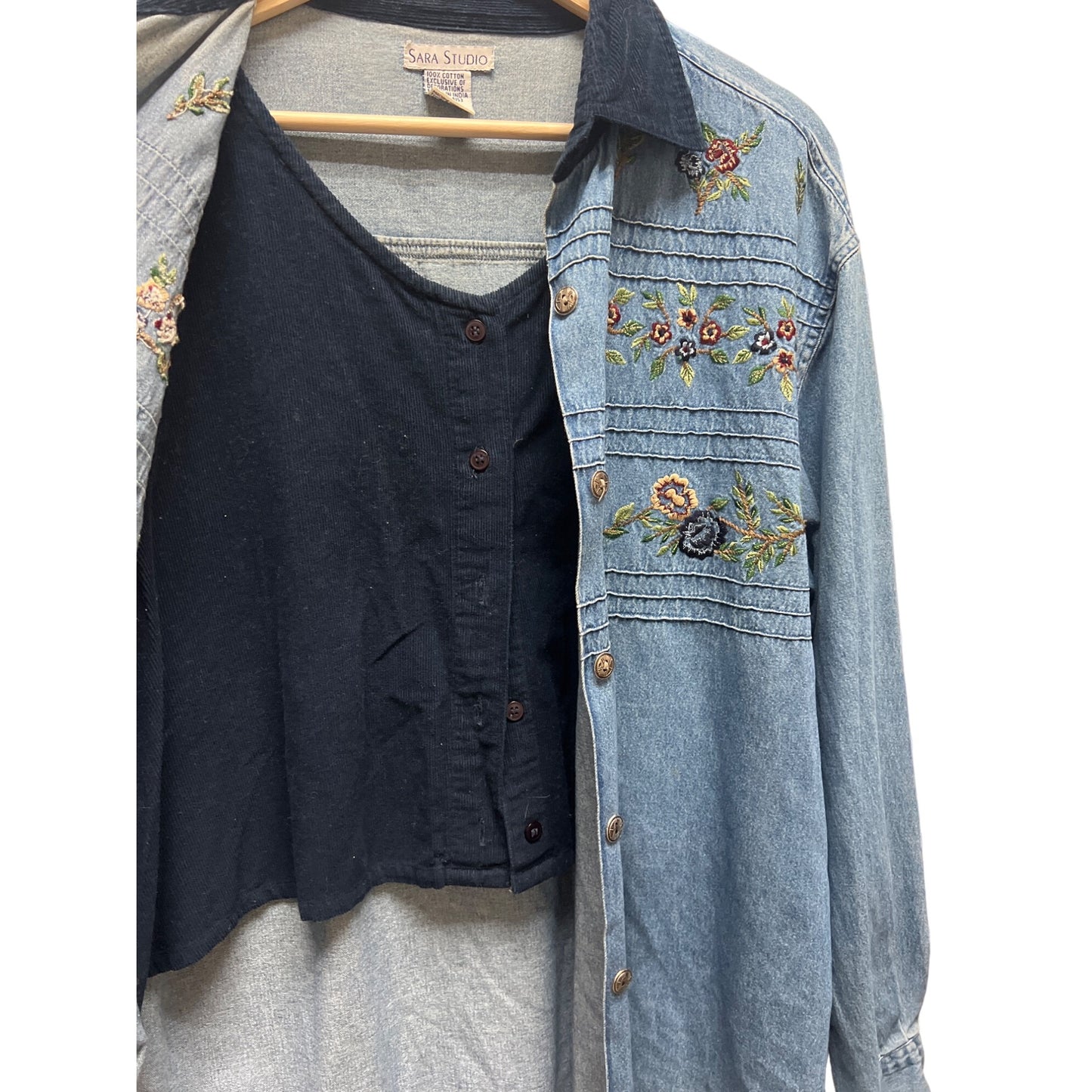 Sara Studio Vintage 90's Chambray Denim Corduroy Trim Vest Embroidered Shirt