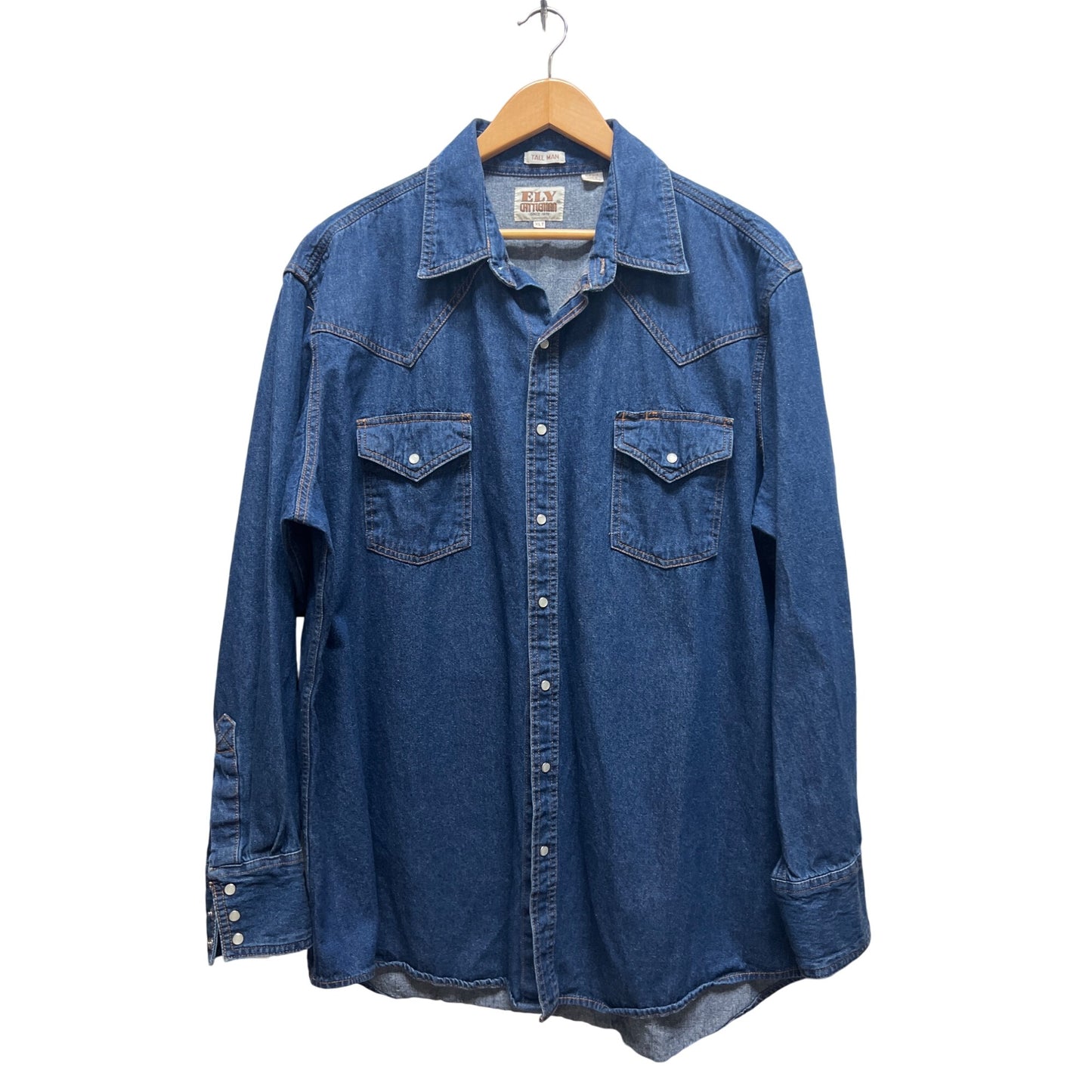 Ely Cattleman Vintage Western Denim Pearl Snap Button Down Shirt