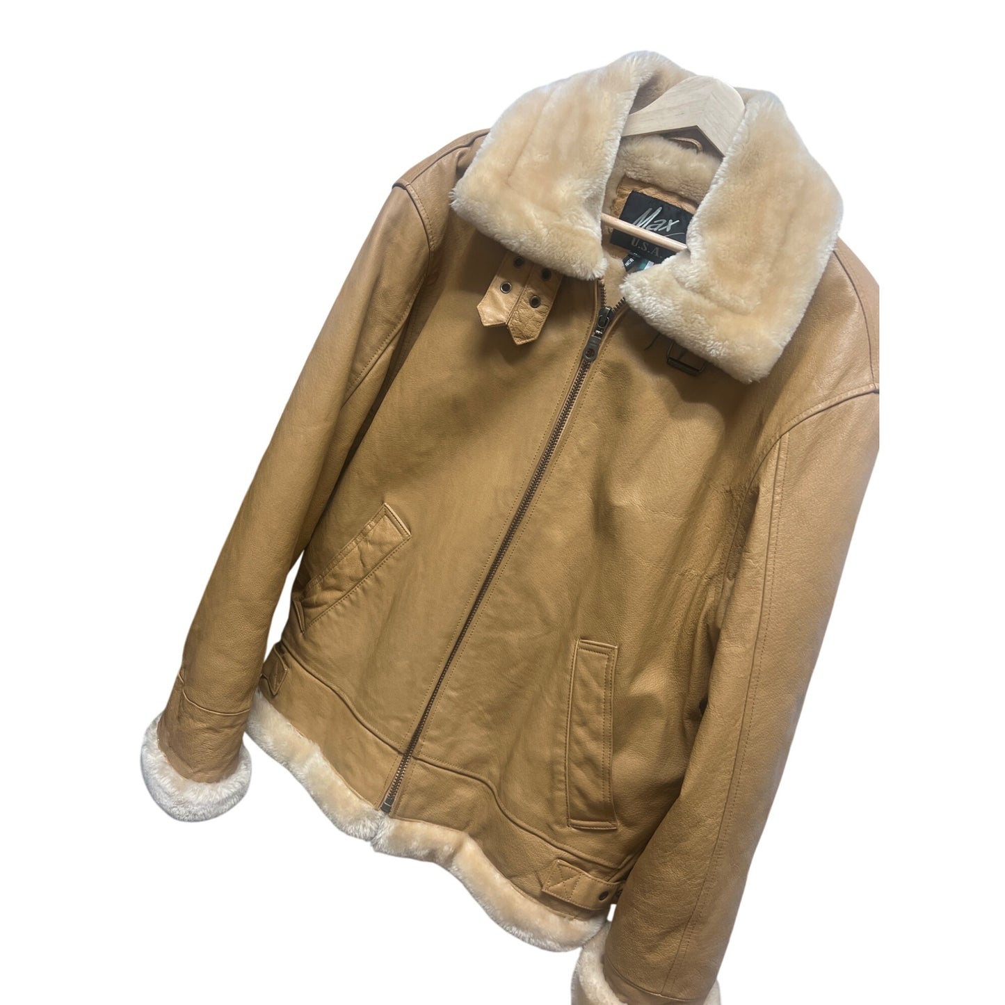 Max USA Vintage Italian Tan Leather Shearling Lined Aviator Bomber Jacket