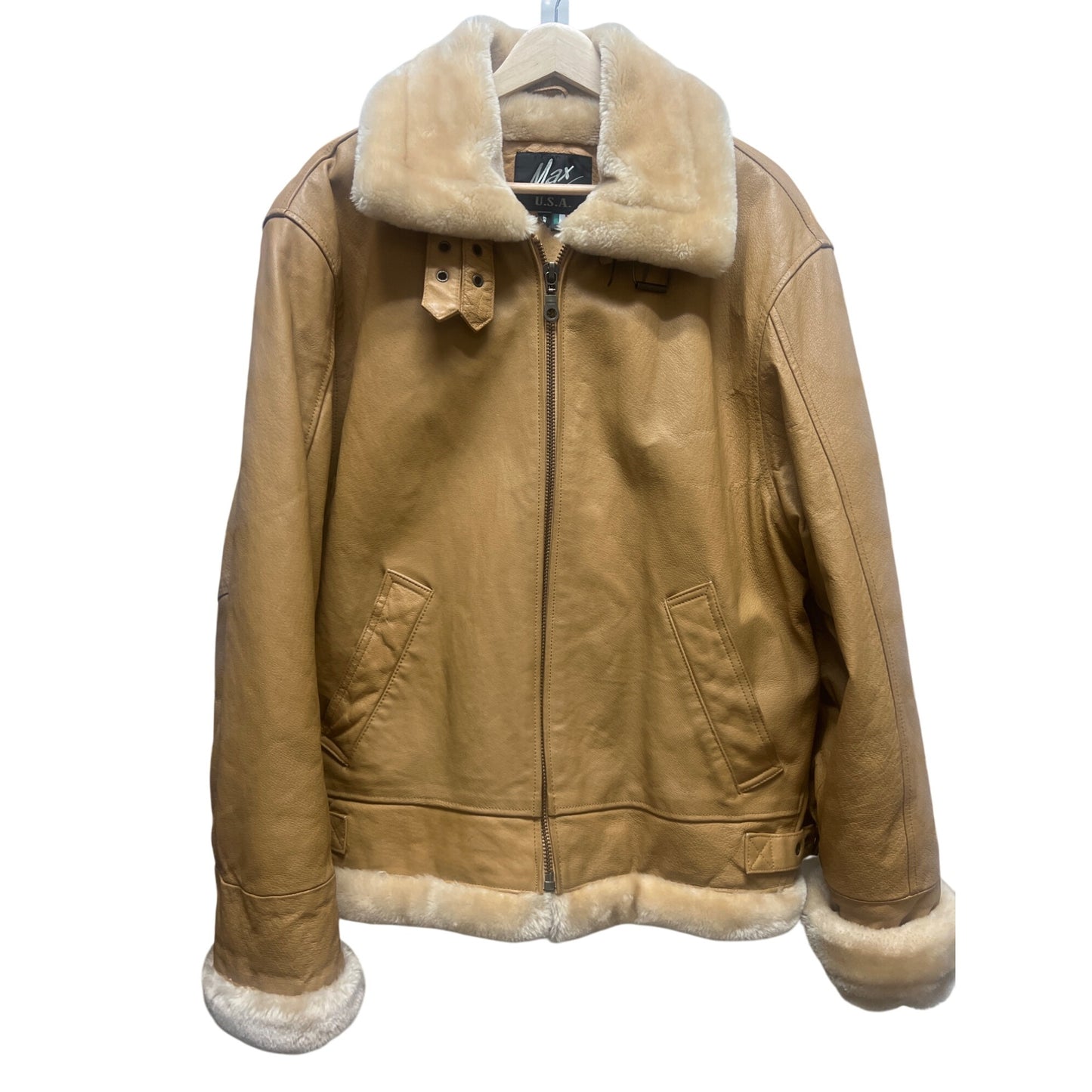 Max USA Vintage Italian Tan Leather Shearling Lined Aviator Bomber Jacket