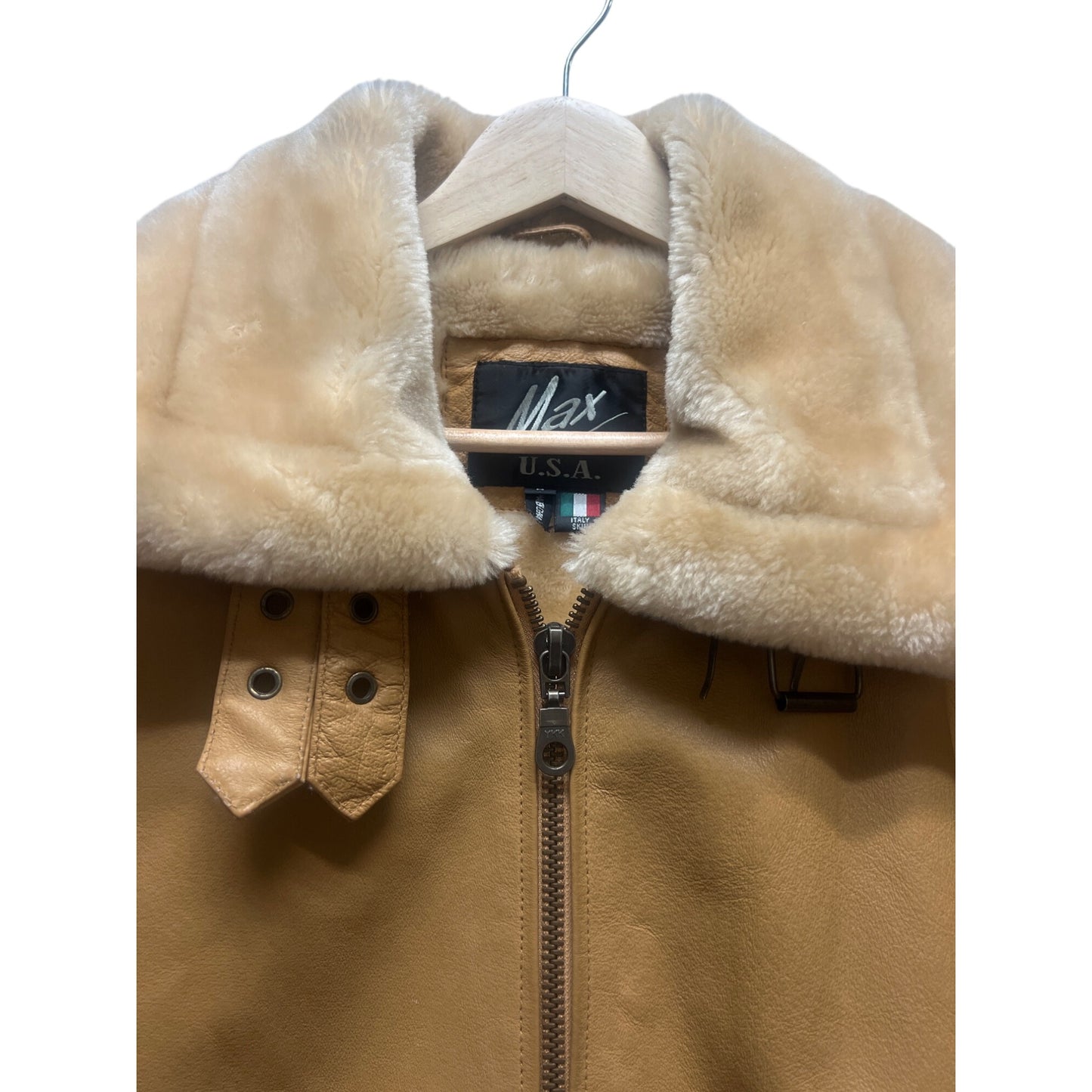 Max USA Vintage Italian Tan Leather Shearling Lined Aviator Bomber Jacket