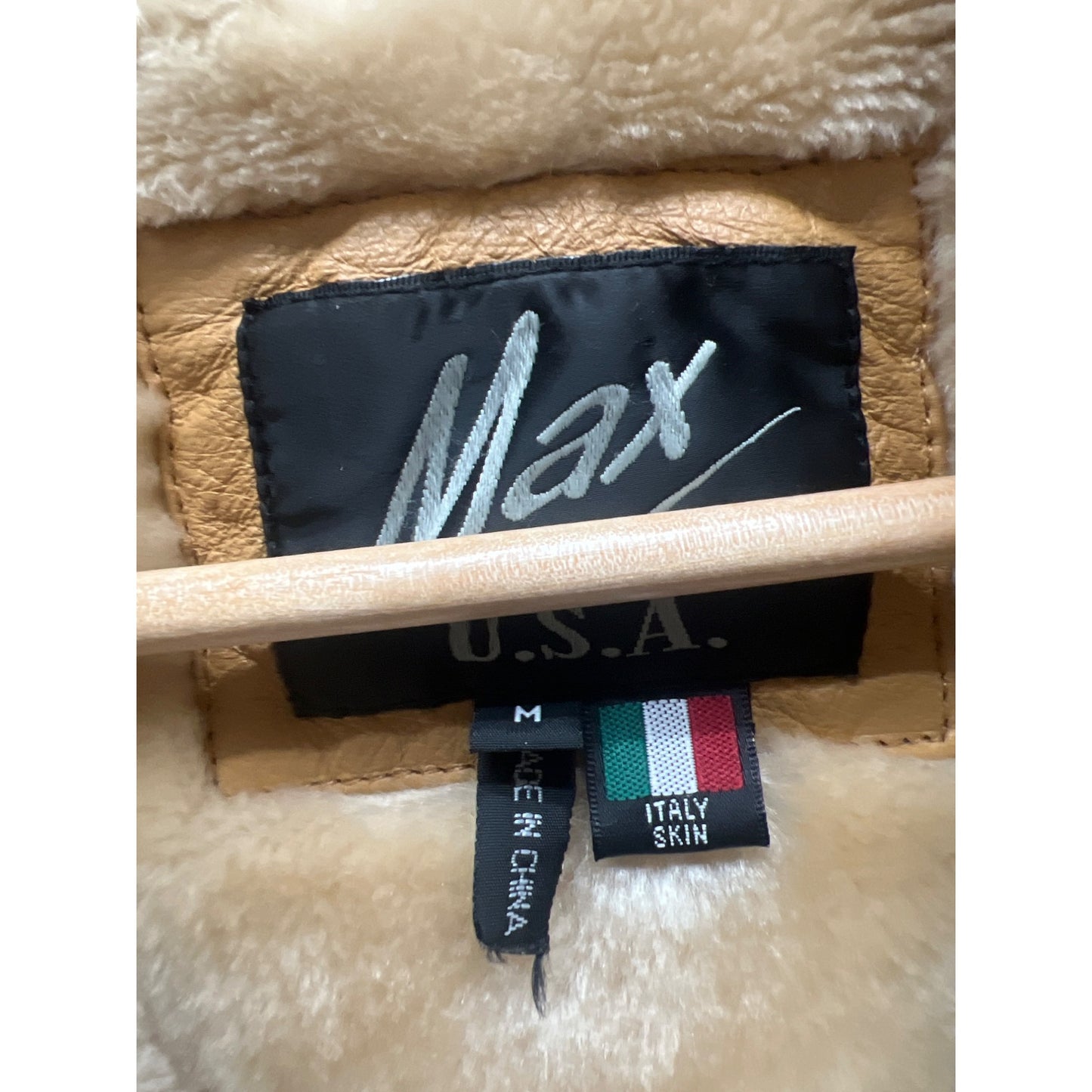 Max USA Vintage Italian Tan Leather Shearling Lined Aviator Bomber Jacket