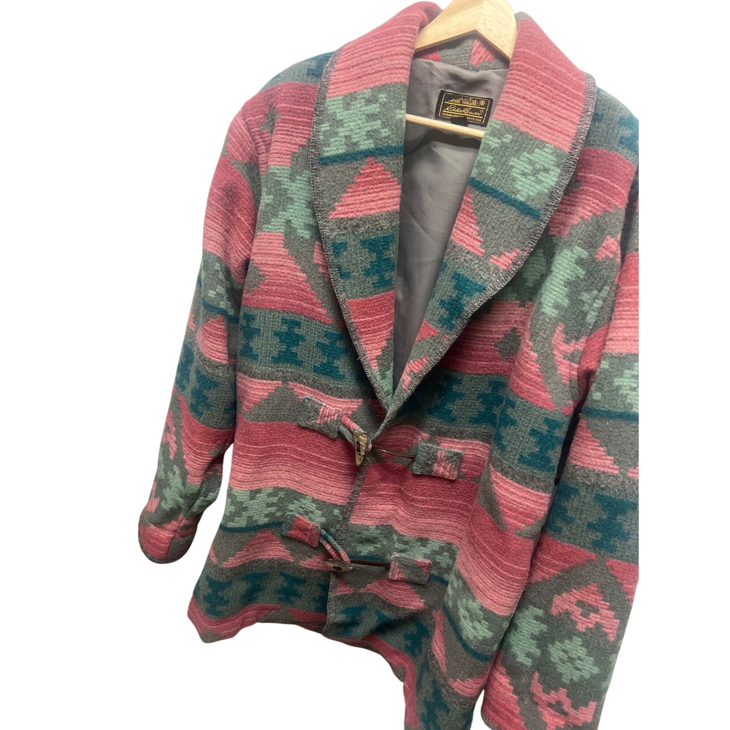 Eddie Bauer Vintage 80's Wool Aztec Pink and Green Blanket Coat