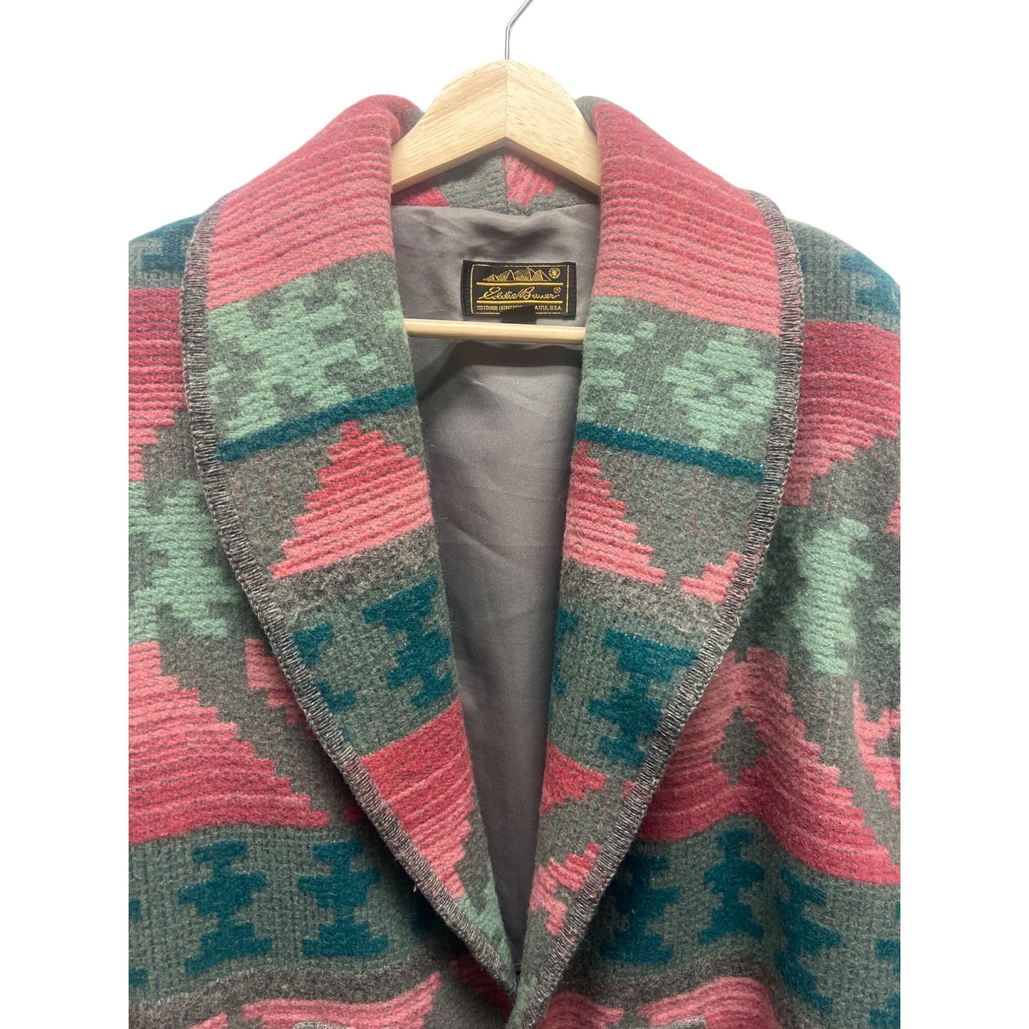 Eddie Bauer Vintage 80's Wool Aztec Pink and Green Blanket Coat